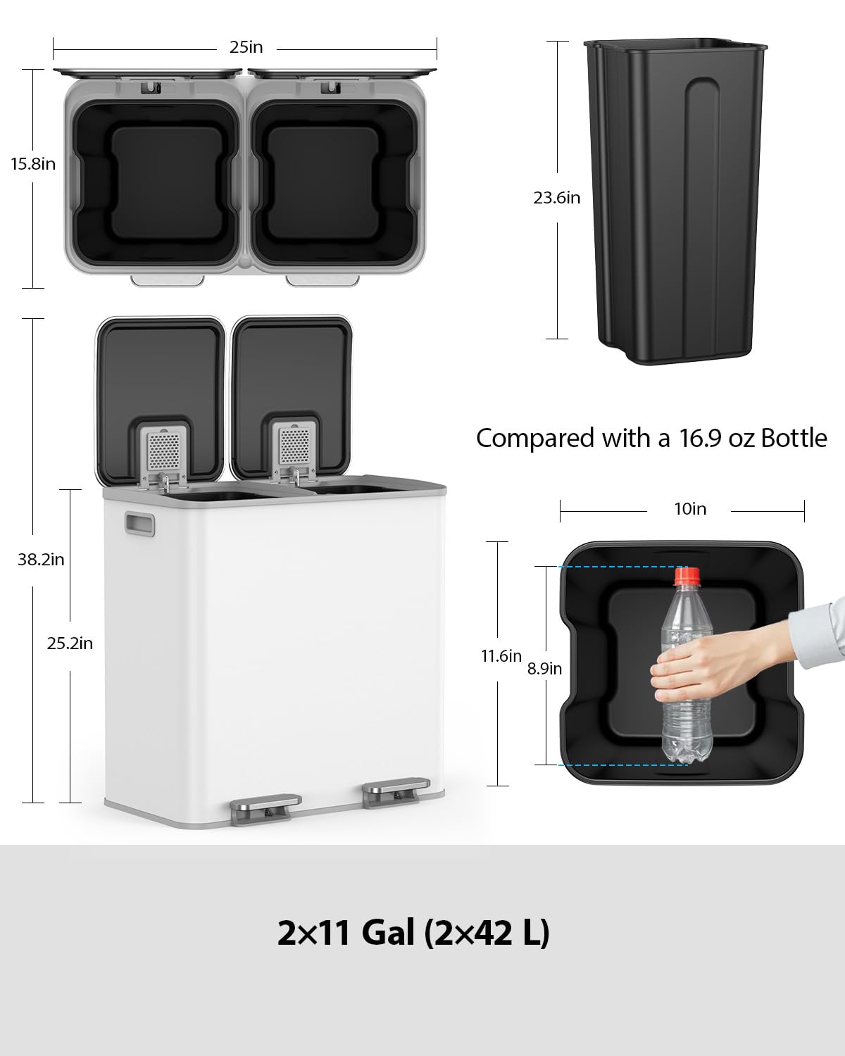 Lovewind Dual Trash and Recycling Bins for Kitchen, 2 * 11-Gallon Stainless Steel Double Trash Can, Step-On Garbage and Recycle Combo, Quiet Close, Pet-Proof, Compatible with 13-Gallon Bags, White