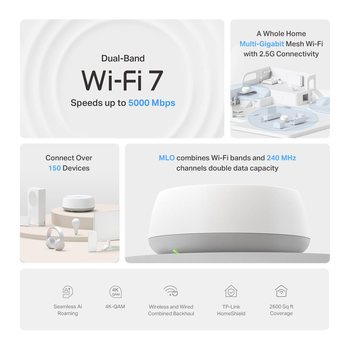 Deco 7 Dual-Band BE5000 WiFi 7 Mesh Wi-Fi System 4-Stream 5 Gbps, 240 Mhz