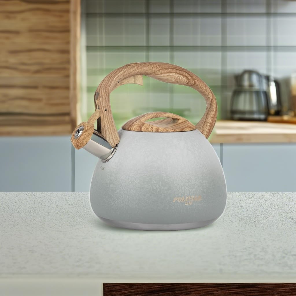 POLIVIAR Tea Kettle, 2.7 Quart Natural Stone Finish with Wood Pattern Handle Loud Whistle Food Grade Stainless Steel Teapot, Anti-Hot Handle and Anti-Rust, Suitable for All Heat Sources (JX2018-GR20)