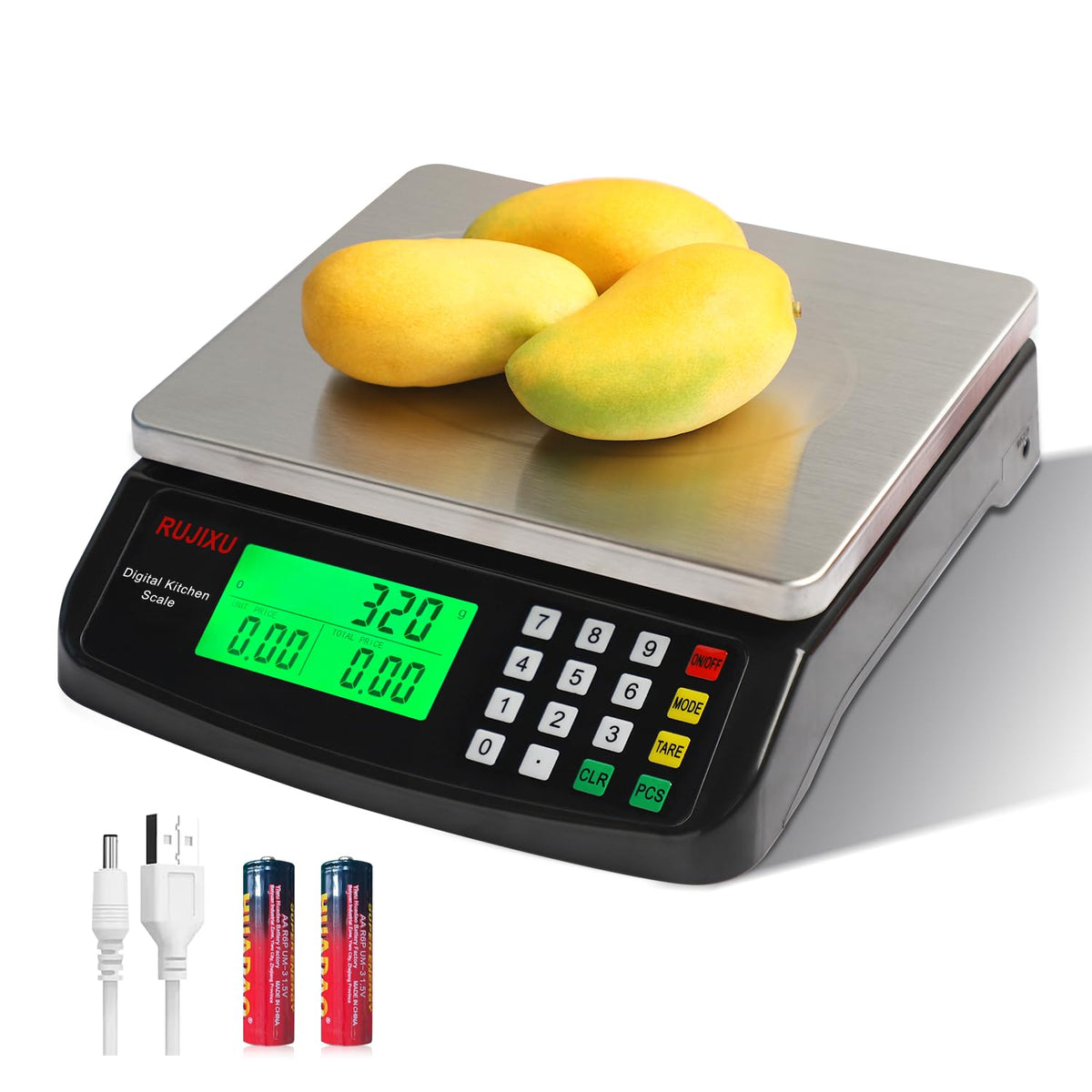 Large Digital Kitchen Scale 30KG Commercial Food Scale 66LB for Baking Bread Meat Stainless Steel Price Computing Scale LCD Display,Prep Counting Scale for Parts and Coins Adapter Included