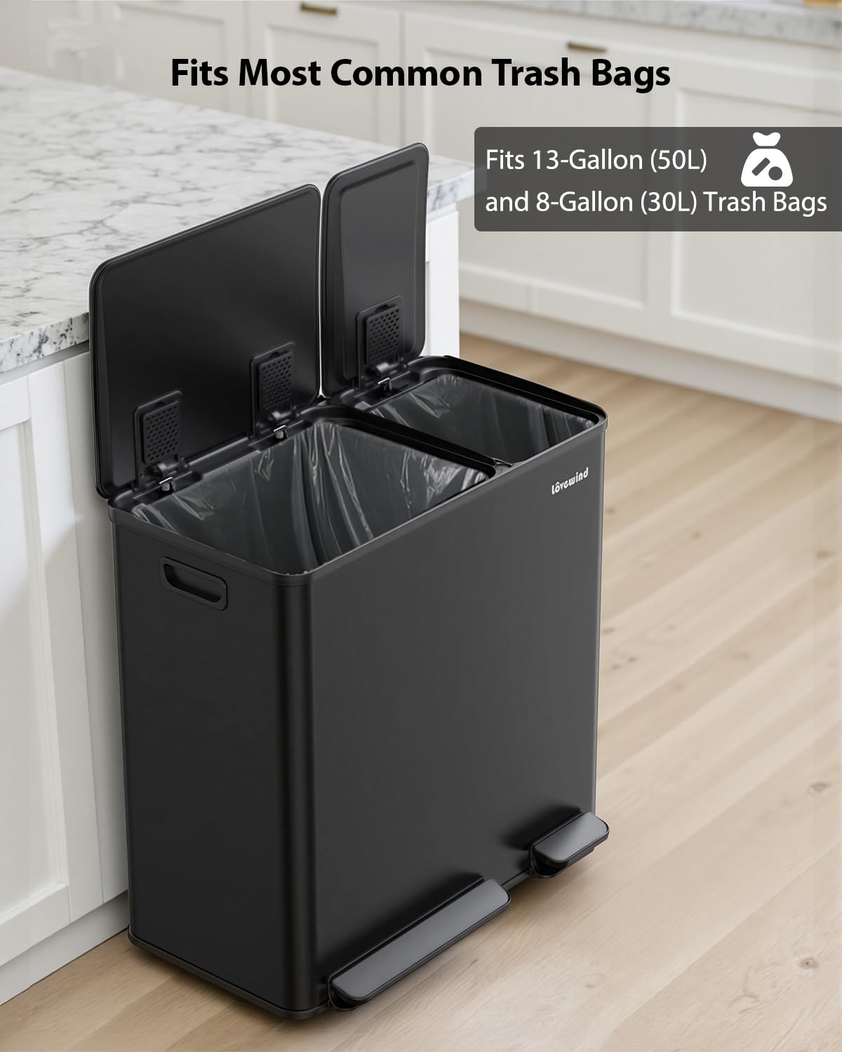 Lovewind Dual Trash and Recycling Bins for Kitchen, 2 * 11-Gallon Stainless Steel Double Trash Can, Step-On Garbage and Recycle Combo, Quiet Close, Pet-Proof, Compatible with 13-Gallon Bags, White