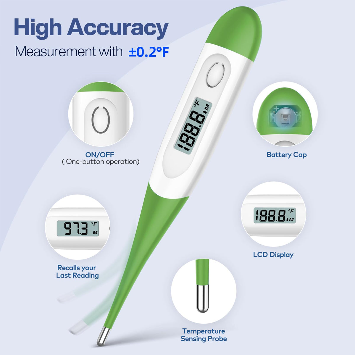 Boncare 10 Seconds Oral Thermometer for Adults and Kids, Light Blue
