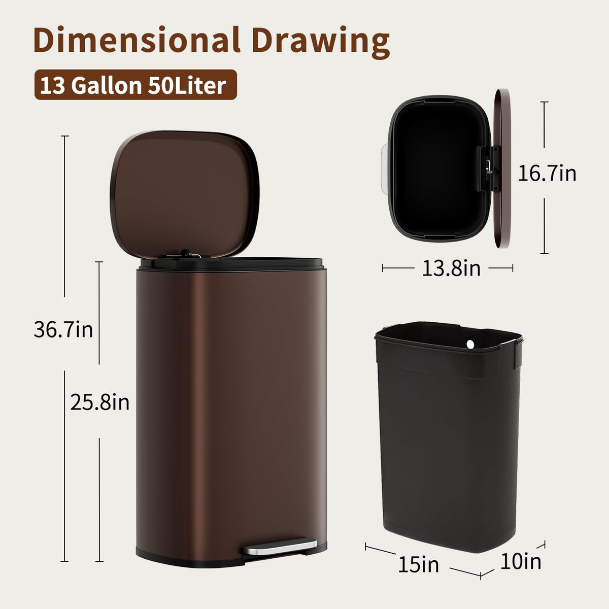 PayLessHere | 13G Trash Can with Lid | Steel | Removable Inner Bucket