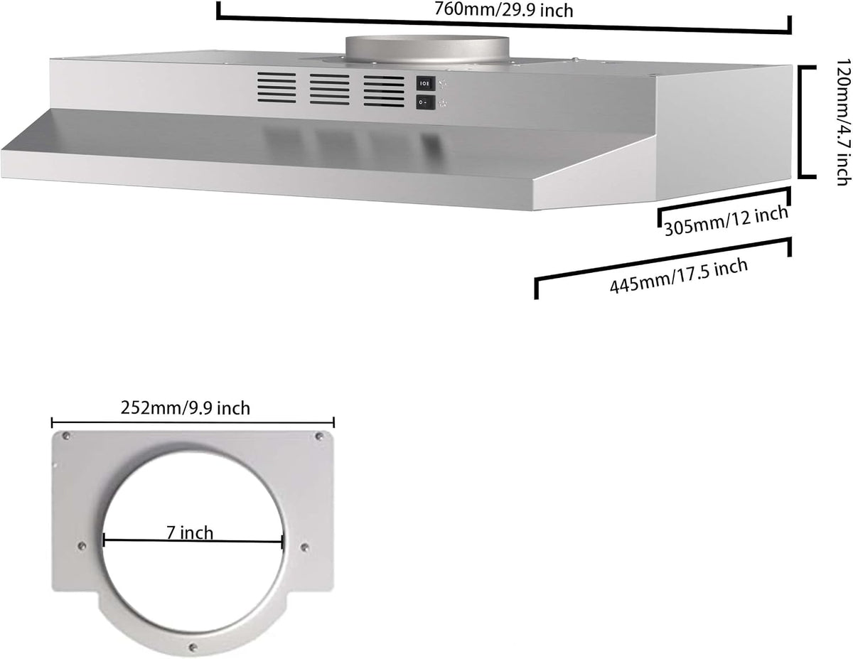 SNDOAS 30 inch Range Hood Ducted/Ductless Convertible Stainless Steel Range Hood Under Cabinet with Rocker Button Control,Vent Hood with LED Light,2 Speed Exhaust Fan,Under Cabinet Hood,Silver
