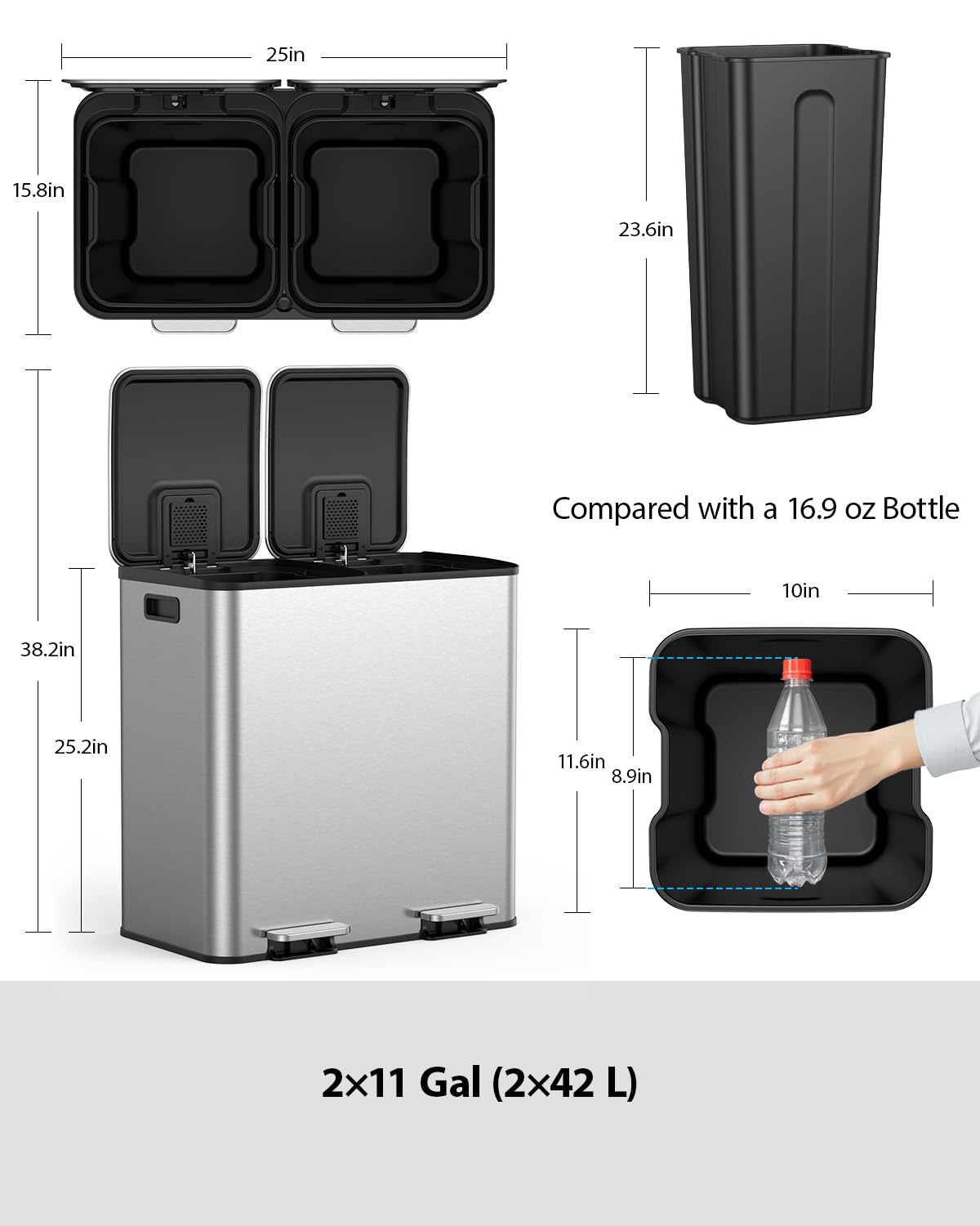 Lovewind Dual Trash and Recycling Bins for Kitchen, 2 * 11-Gallon Stainless Steel Double Trash Can, Step-On Garbage and Recycle Combo, Quiet Close, Pet-Proof, Compatible with 13-Gallon Bags, White
