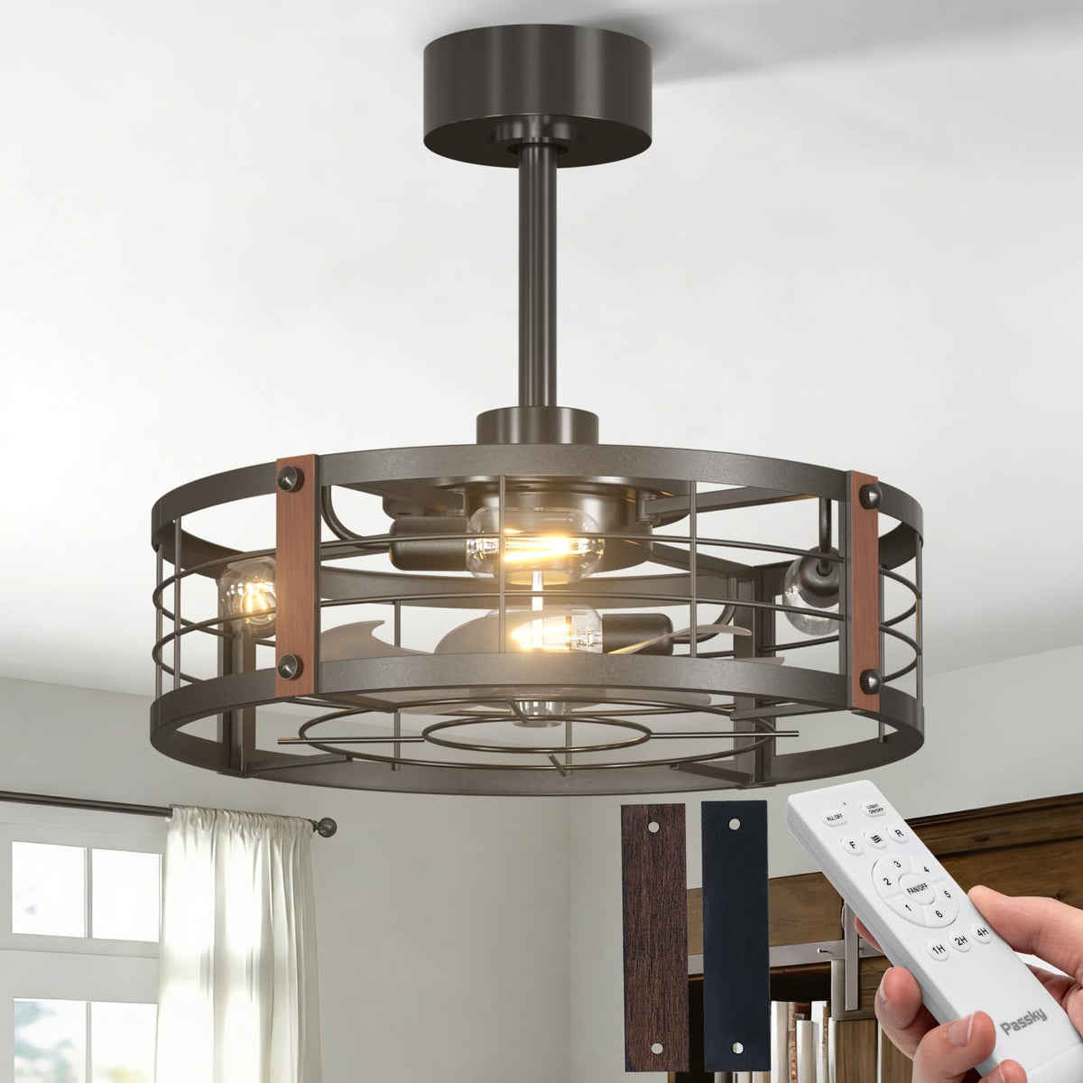 Passky 20" Caged Ceiling Fans with Lights and Remote, Low Profile Fandelier