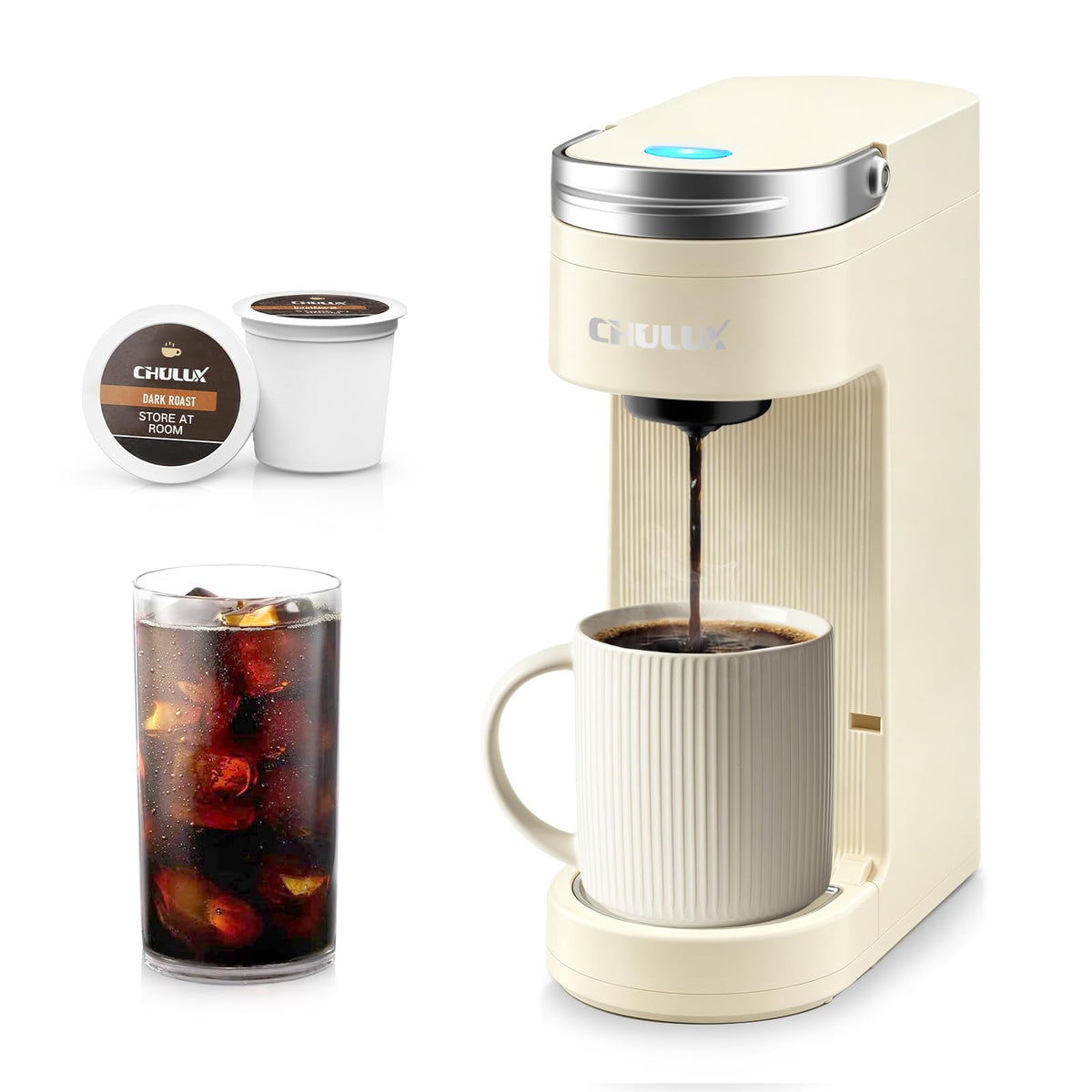 CHULUX Slim Single Serve Coffee Maker for K Cup, One Cup Design, Matte Navy