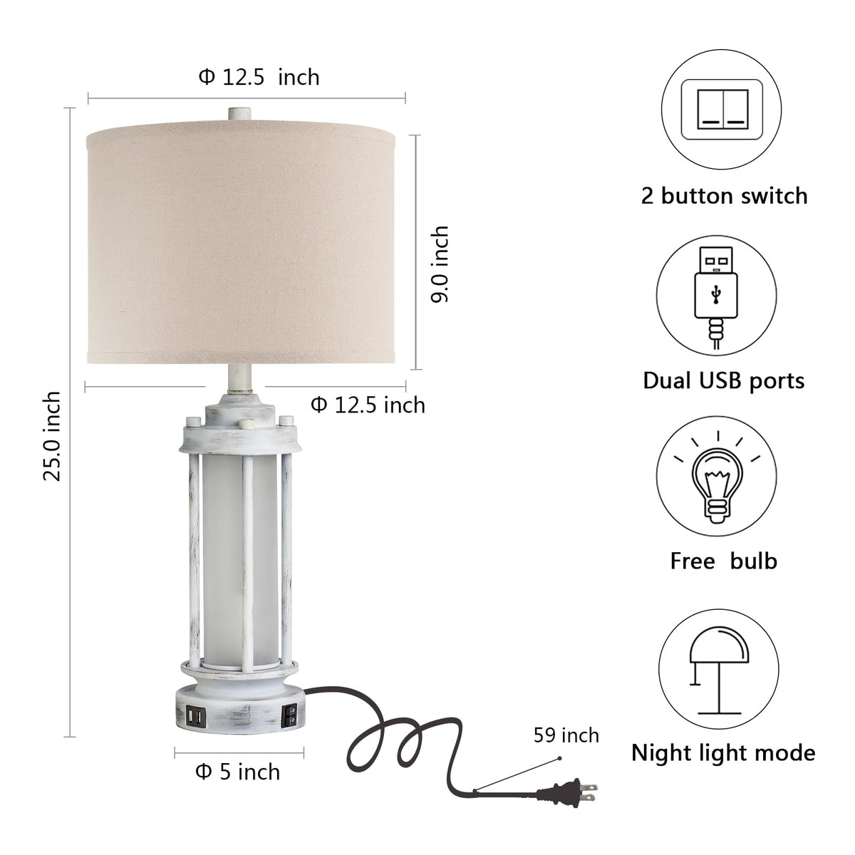 AIEAMPDO 25'' Set of 2 Farmhouse Table Lamps for Living Room with USB C+A