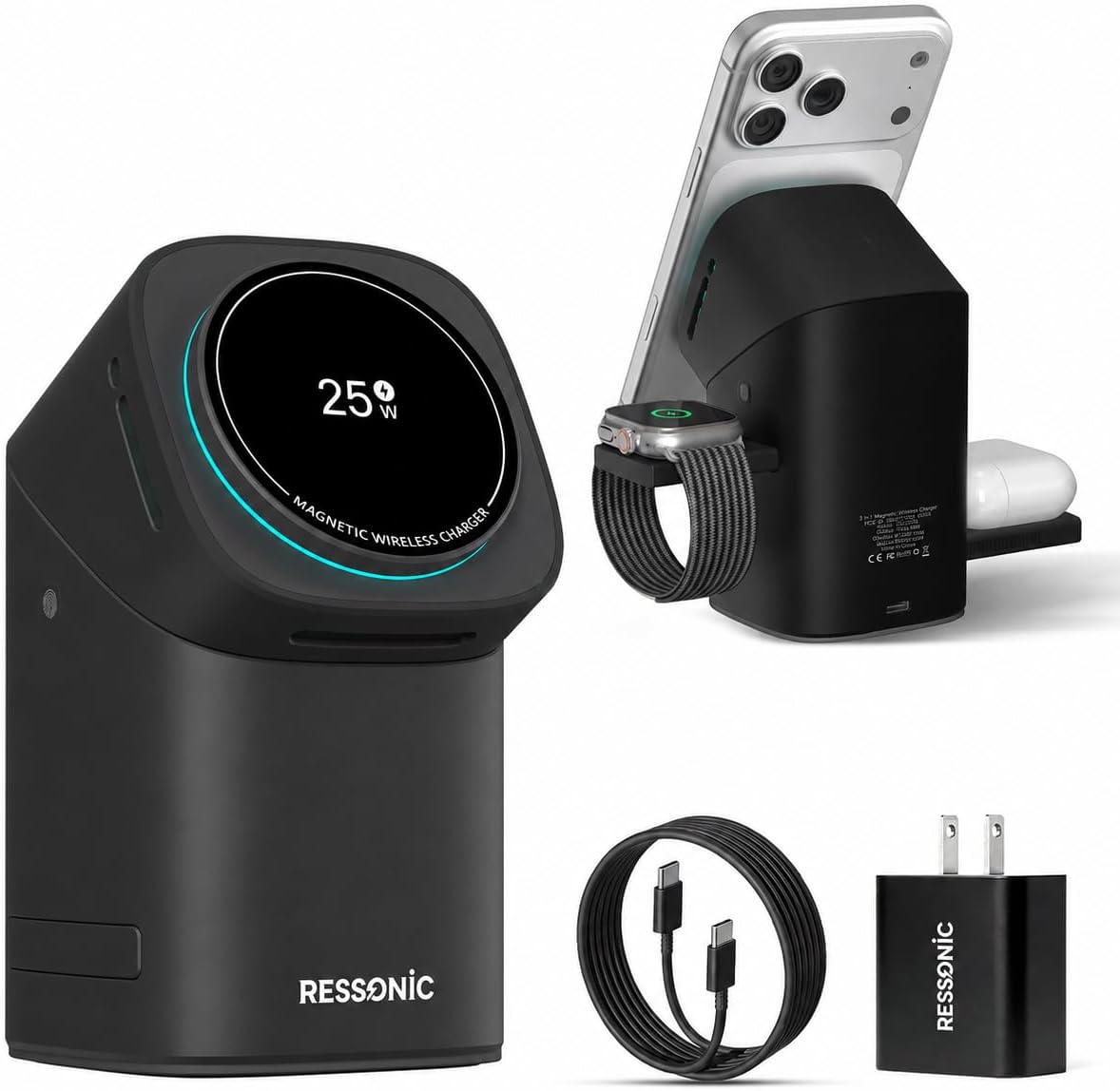 25W 3 in 1 Wireless Charging Station for Apple&Samsung, Desk Night Stand