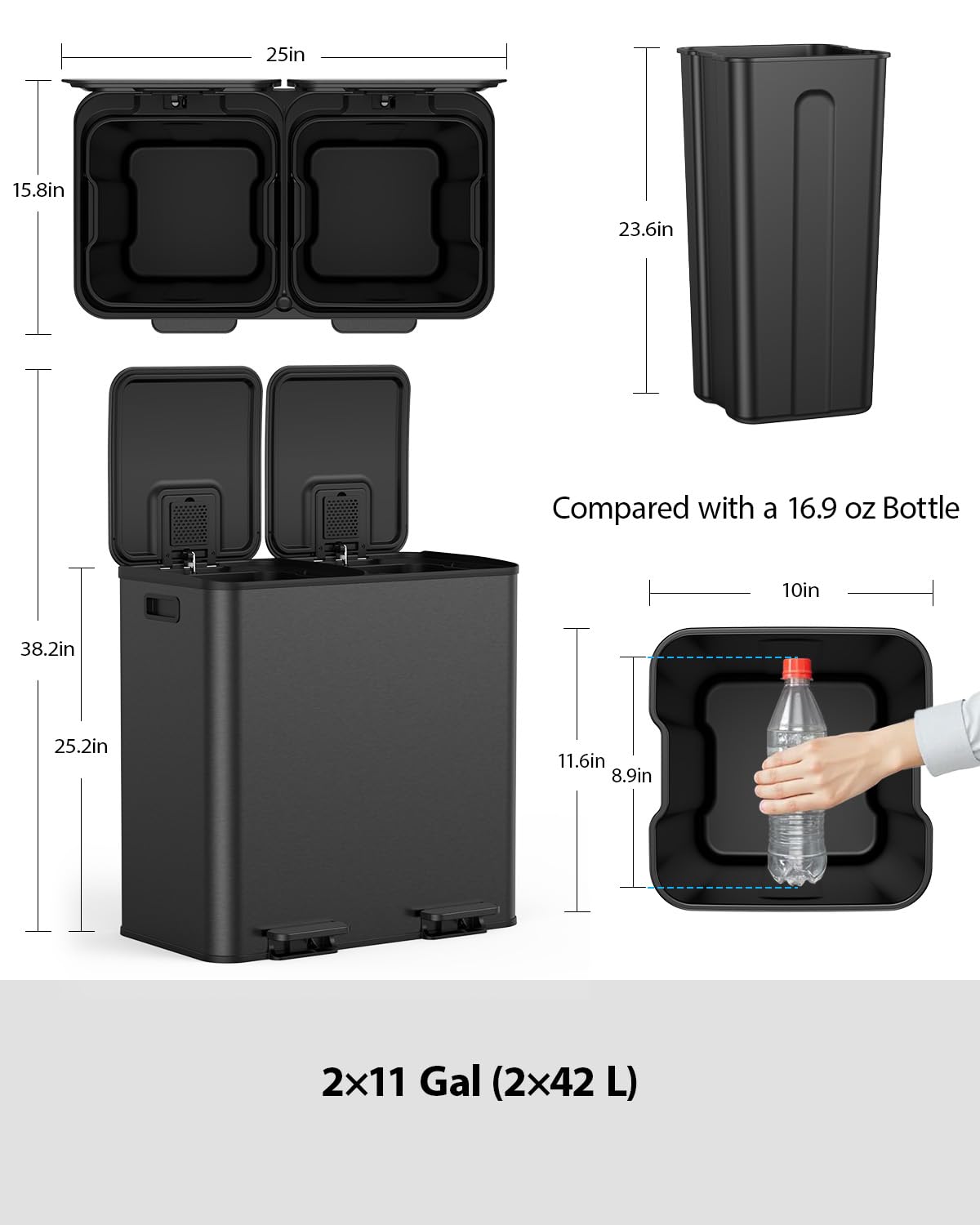 Lovewind Dual Trash and Recycling Bins for Kitchen, 2 * 11-Gallon Stainless Steel Double Trash Can, Step-On Garbage and Recycle Combo, Quiet Close, Pet-Proof, Compatible with 13-Gallon Bags, White
