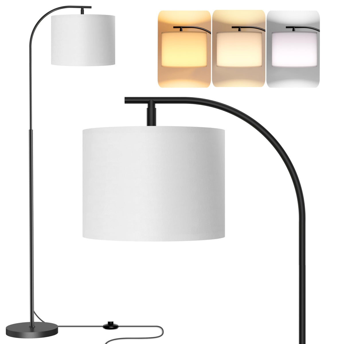 SIBRILLE Floor Lamp with Linen Shade, Arc Dimmable Tall Standing Lamp with Remote Control, Modern Floor Reading Light for Living Room Bedroom Office Corner, 9W LED Bulb Included