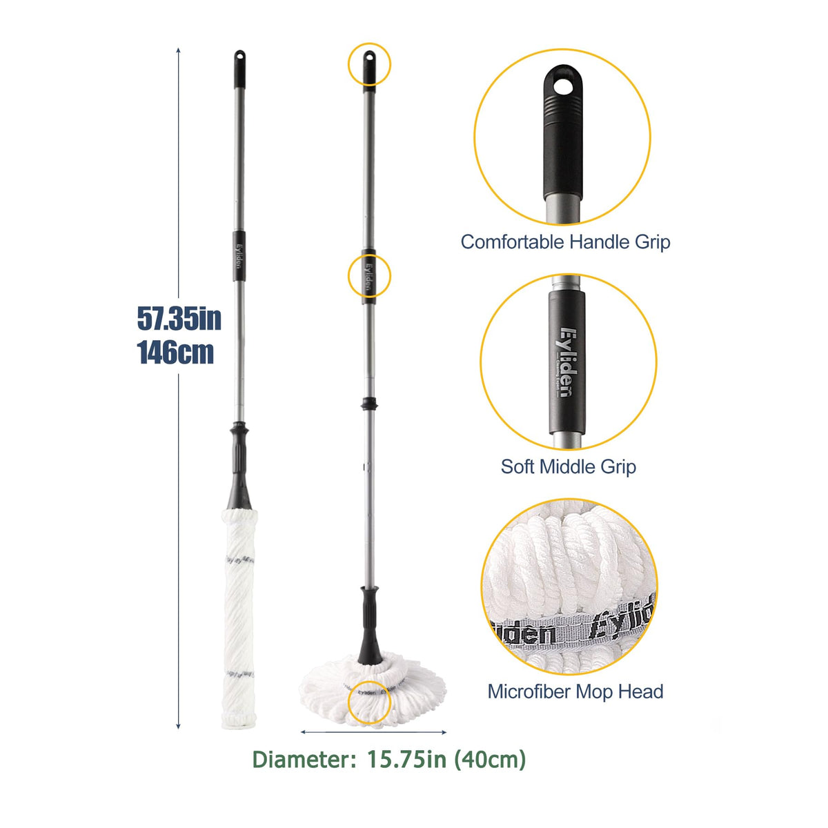 Eyliden Mop with 2 Reusable Microfiber Heads, Easy Wringing Twist Mop