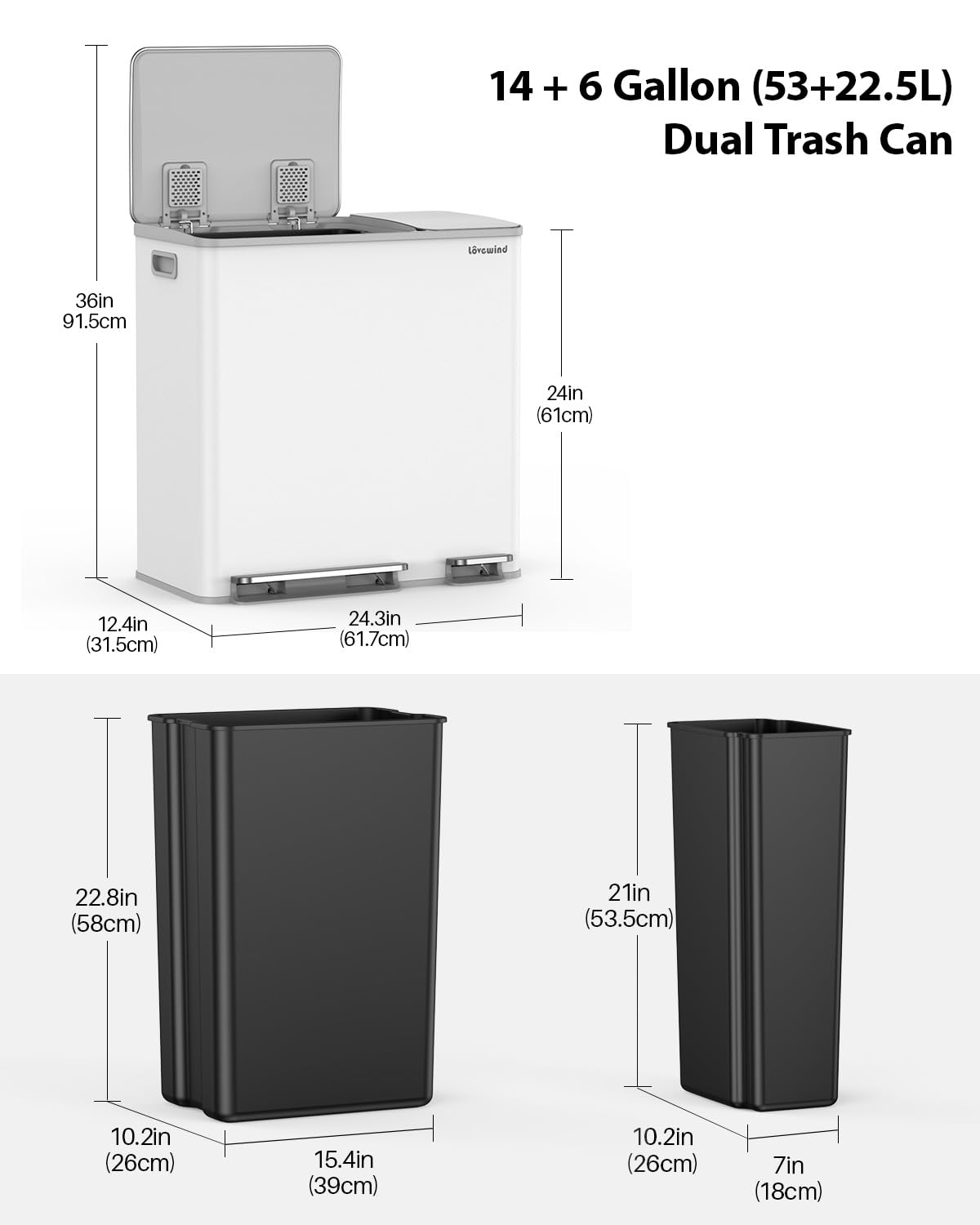Lovewind Dual Trash and Recycling Bins for Kitchen, 2 * 11-Gallon Stainless Steel Double Trash Can, Step-On Garbage and Recycle Combo, Quiet Close, Pet-Proof, Compatible with 13-Gallon Bags, White