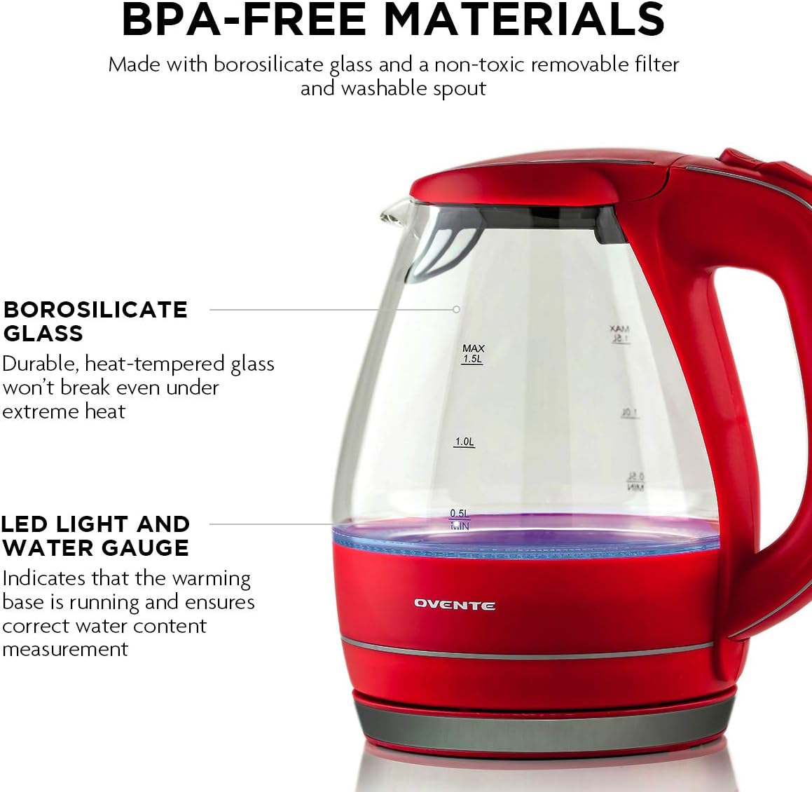 OVENTE 1.5L Glass Electric Kettle Water Boiler, Black KG83B