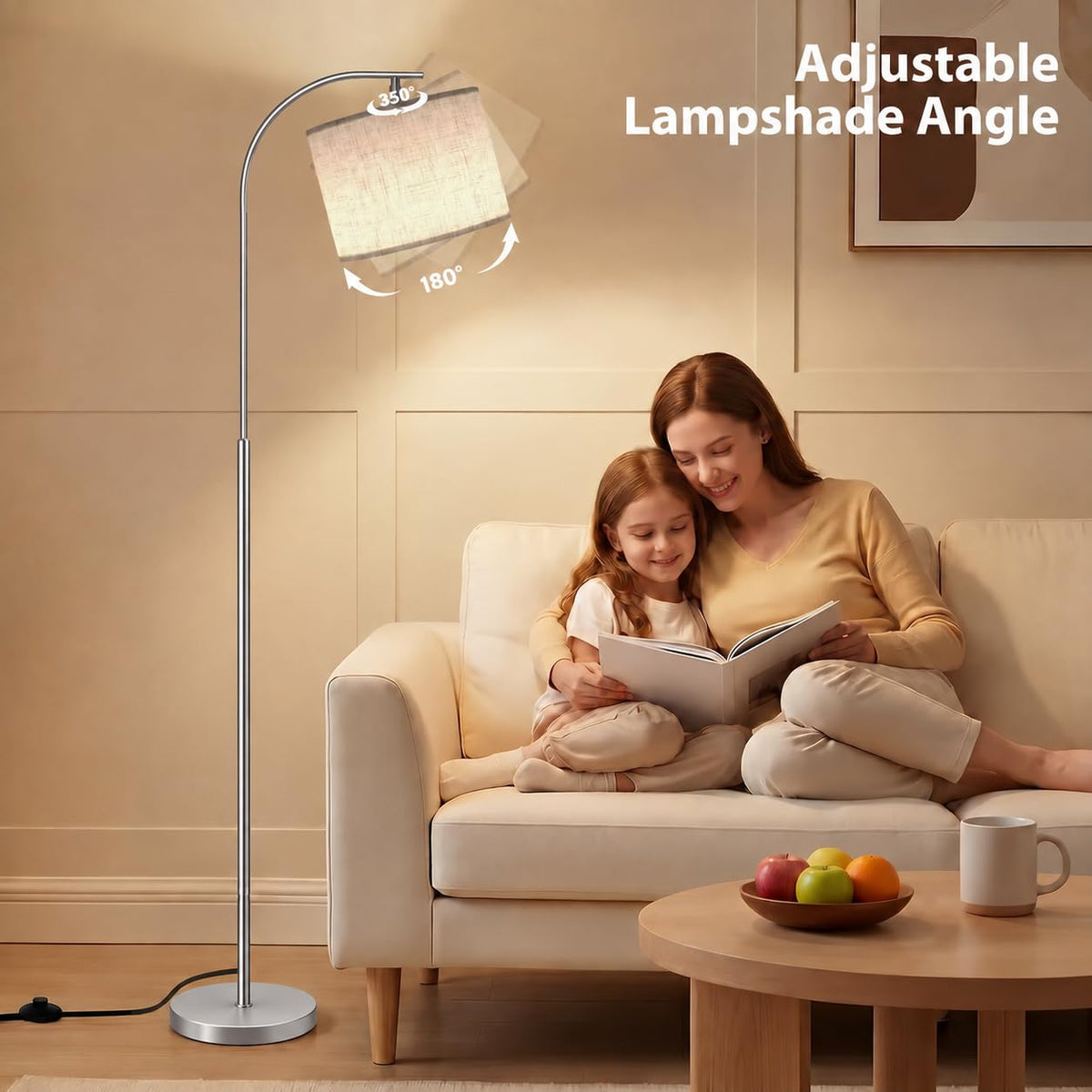 SIBRILLE Floor Lamp with Linen Shade, Arc Dimmable Tall Standing Lamp with Remote Control, Modern Floor Reading Light for Living Room Bedroom Office Corner, 9W LED Bulb Included