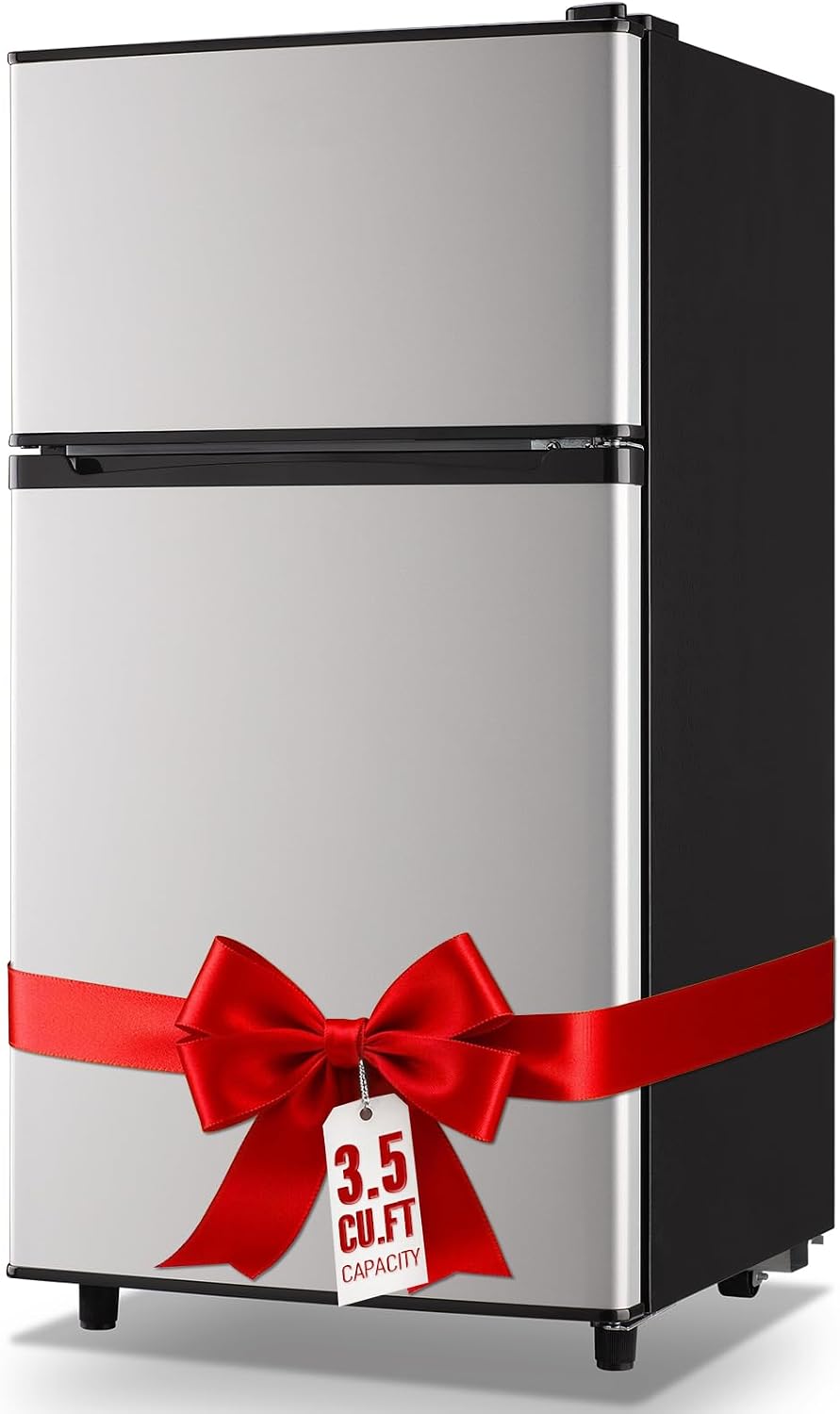 Mini Fridge with Freezer, 3.5 cubic feet 2- Doors Small Refrigerator Features 7 Gear Mechanical Control, Side Bottle Rack, Ideal for Dorm, Kitchen, Apartment, Office, Silver