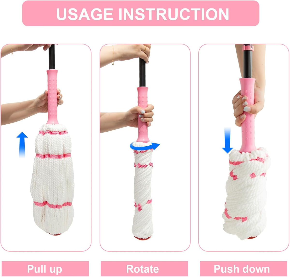 Self-Wringing Twist Mop for Floor Cleaning, 57” Long Handle Heavy Duty Microfiber Mop for Wet Mopping on Tile, Hardwood, Kitchen, Bathroom, Patio, Garage, Commercial Household Clean (Pink)
