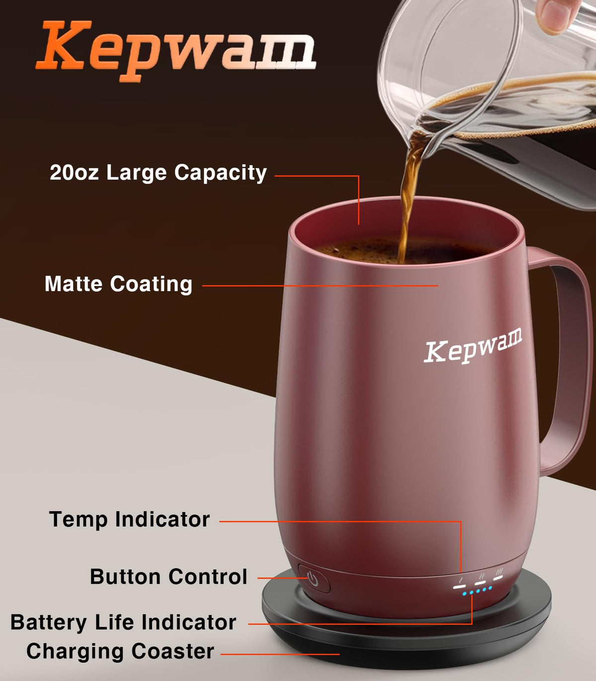 Kepwam Self-Heating Coffee Mug T2, 16oz Electric Heated Mug Hot Up to 149℉