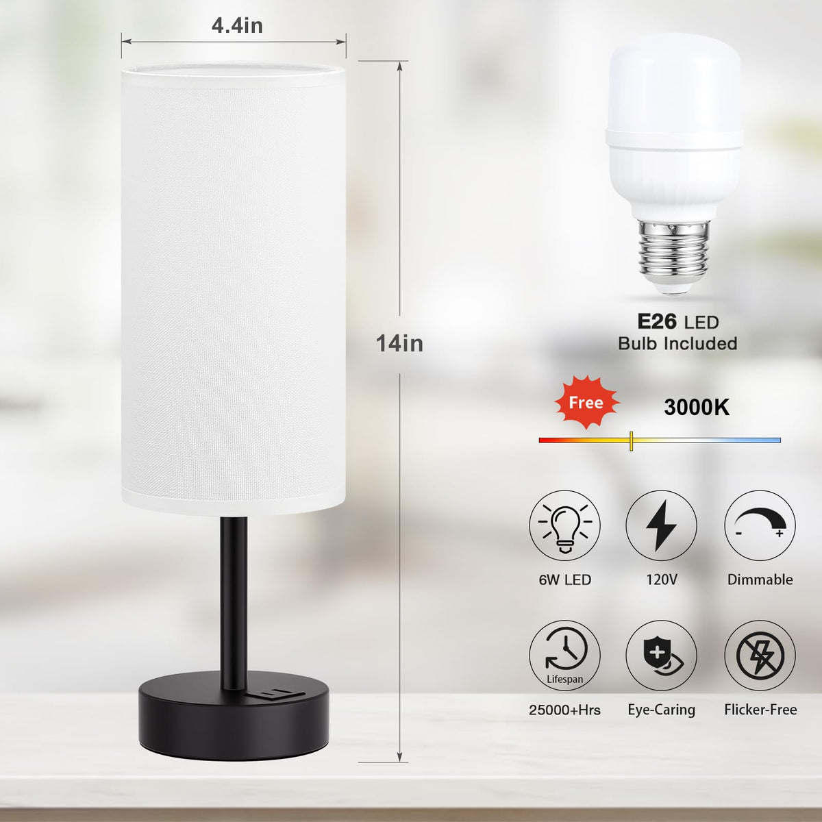 Dicoool Bedside Table Lamp for Bedroom - 3-Way Dimmable Touch Lamp, USB A+C
