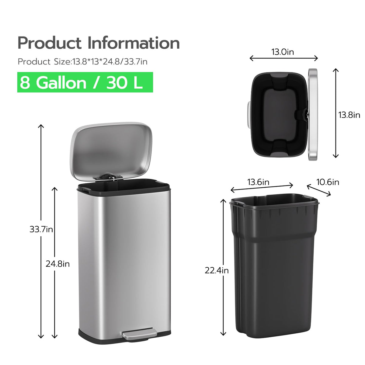PayLessHere | 13G Trash Can with Lid | Steel | Removable Inner Bucket