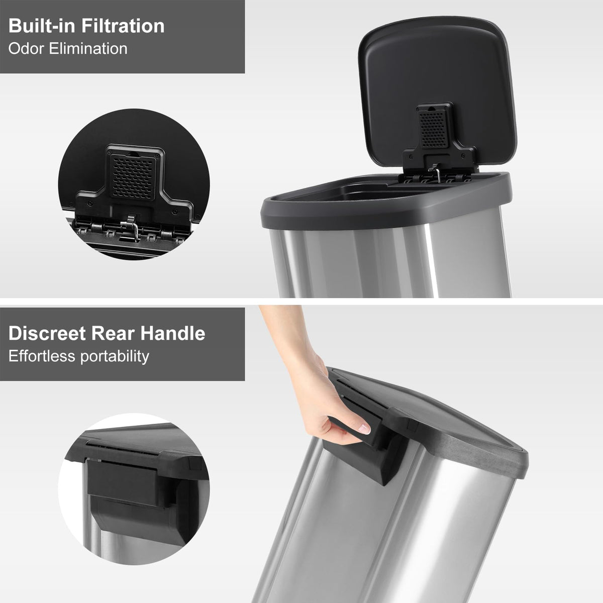 NEWBULIG 16 Gallon Dual Compartment Kitchen Trash Can, Stainless Steel, 60L