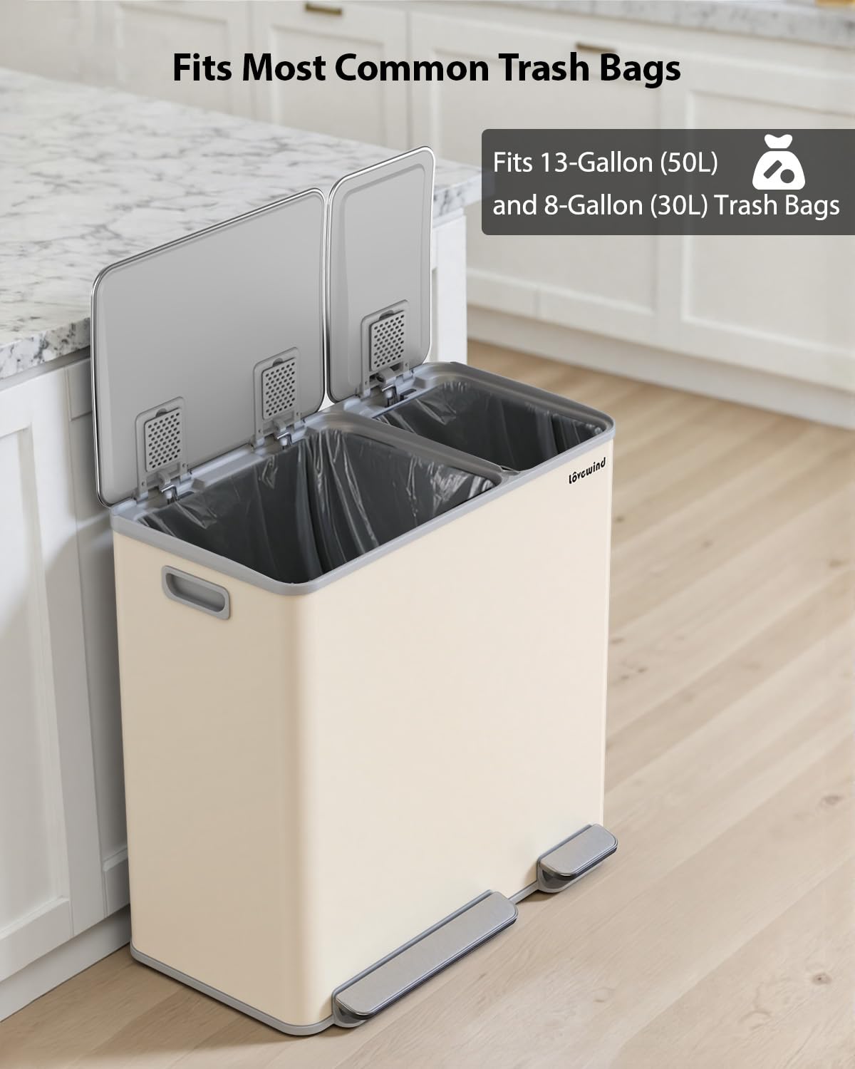 Lovewind Dual Trash and Recycling Bins for Kitchen, 2 * 11-Gallon Stainless Steel Double Trash Can, Step-On Garbage and Recycle Combo, Quiet Close, Pet-Proof, Compatible with 13-Gallon Bags, White