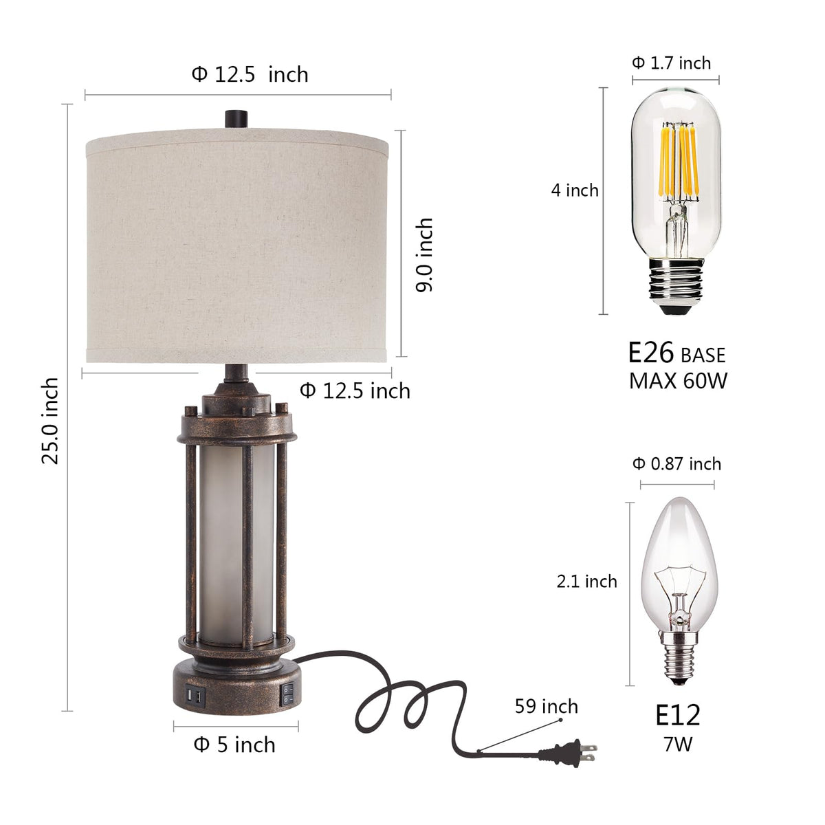 AIEAMPDO 25'' Set of 2 Farmhouse Table Lamps for Living Room with USB C+A