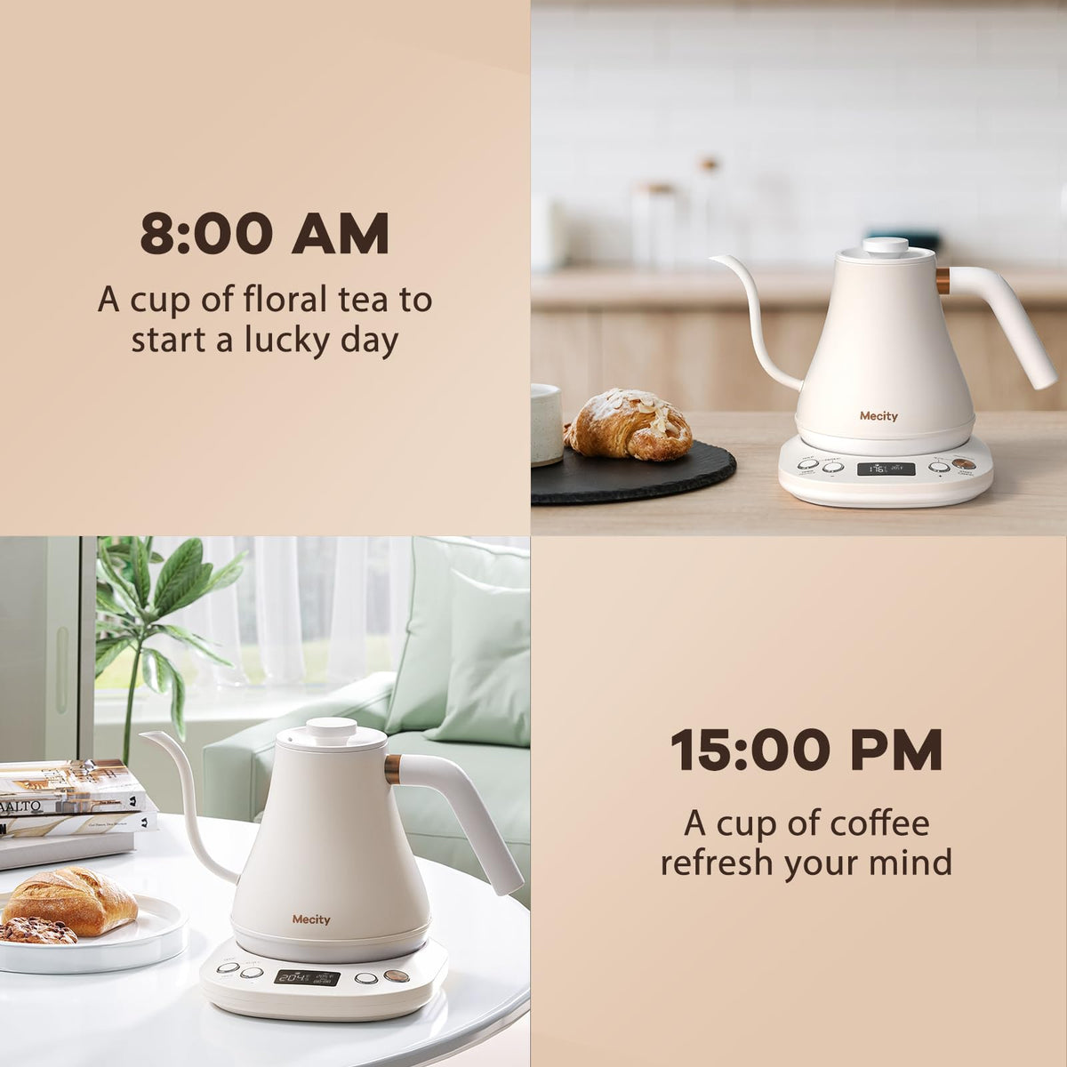 Mecity Electric Gooseneck Kettle With LCD Display Automatic Shut Off Retro Coffee Kettle Temperature Control Hot Water Boiler to Pour Over Tea, 1200 Watt Quick Heating Tea Pot, 0.8L, Stainless Steel
