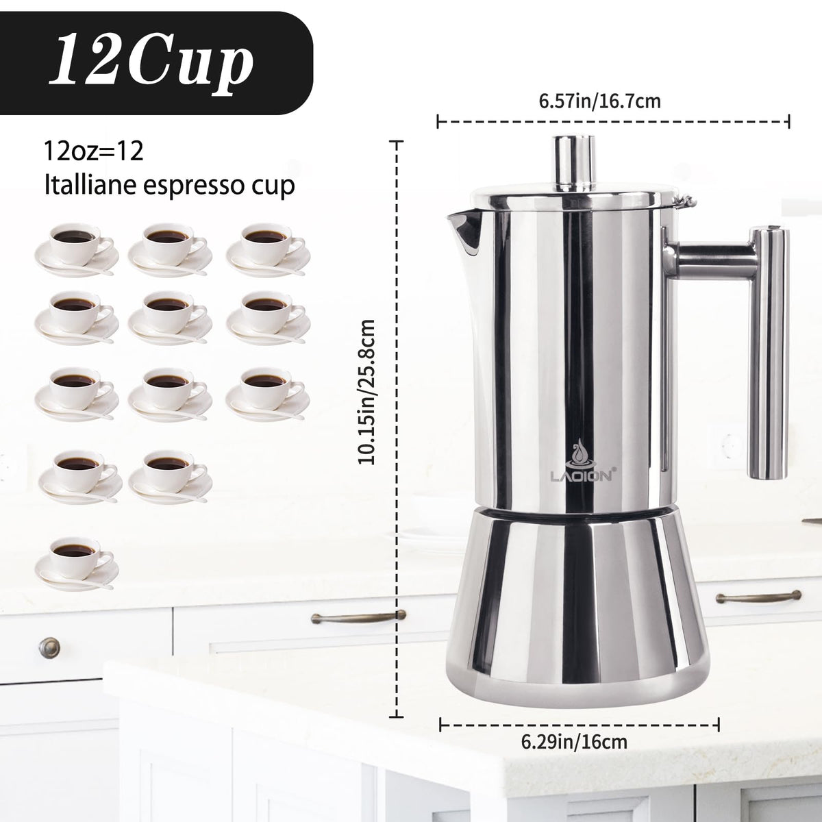 LAOION Stovetop Espresso Maker, 6Cup 10 oz Moka Pot, Stainless Steel