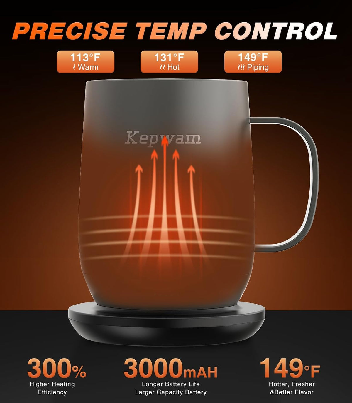Kepwam Self-Heating Coffee Mug T2, 16oz Electric Heated Mug Hot Up to 149℉