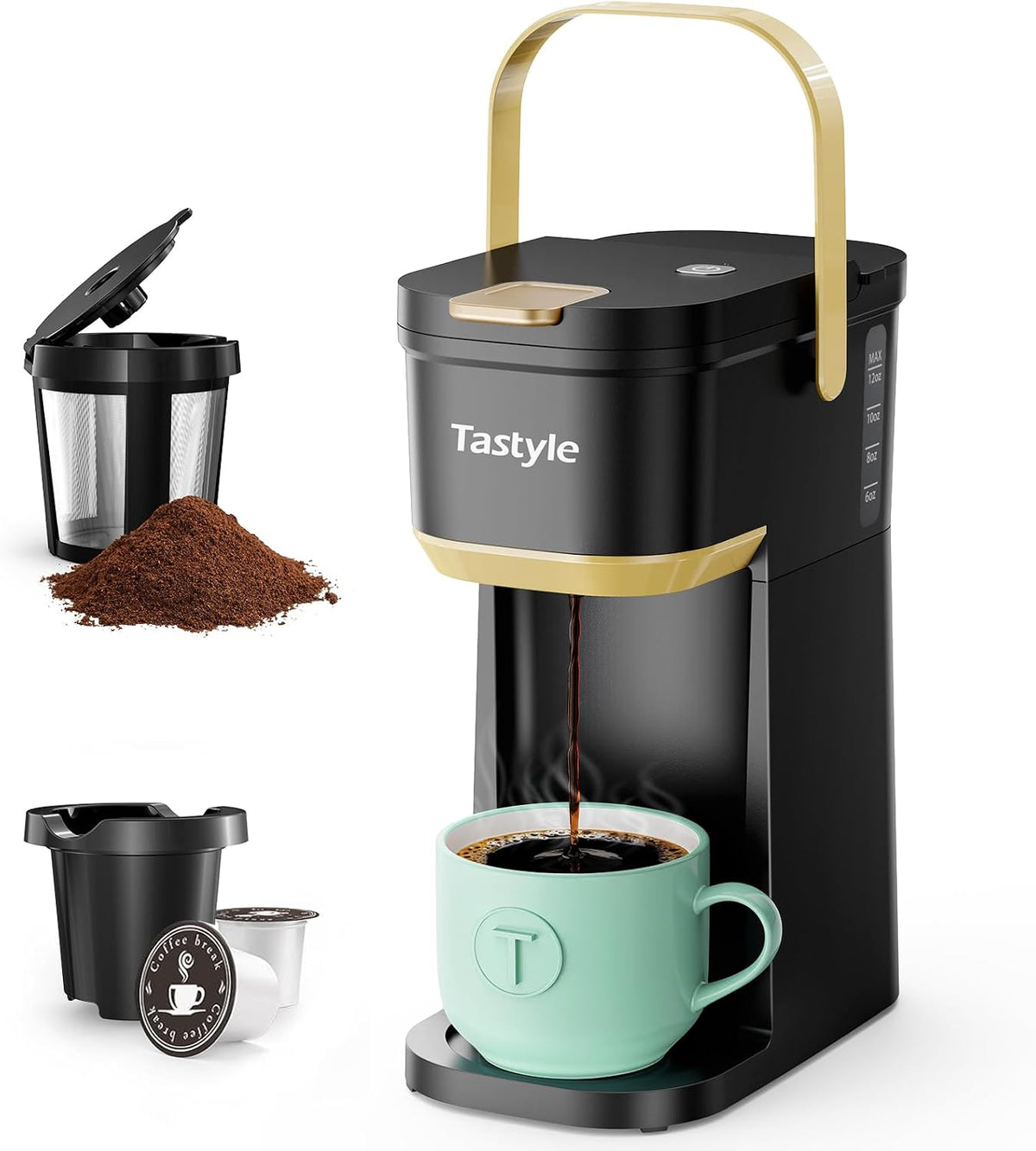 Tastyle Mini Single Serve Coffee Maker for K Cups and Grounds with Handle