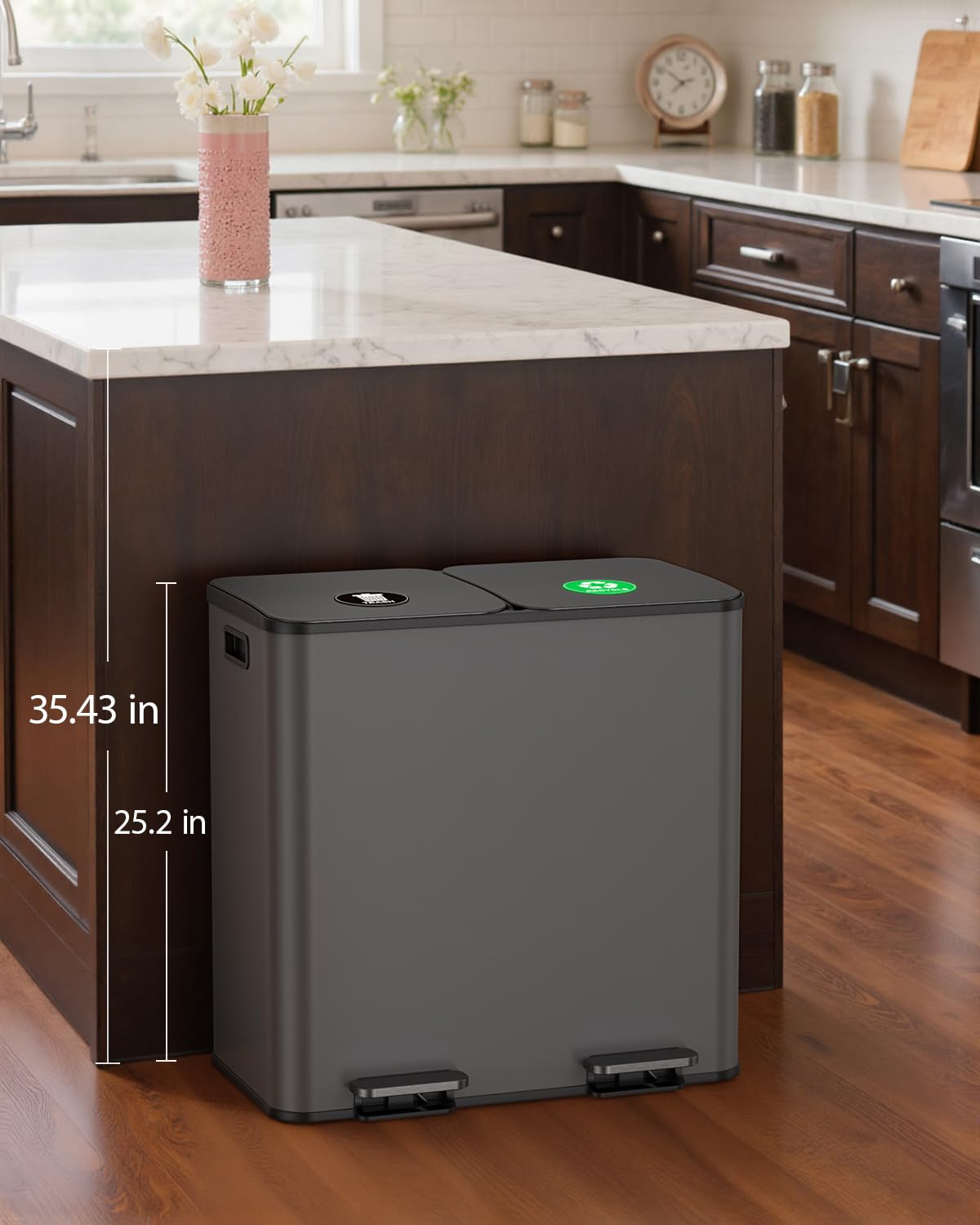 Lovewind Dual Trash and Recycling Bins for Kitchen, 2 * 11-Gallon Stainless Steel Double Trash Can, Step-On Garbage and Recycle Combo, Quiet Close, Pet-Proof, Compatible with 13-Gallon Bags, White