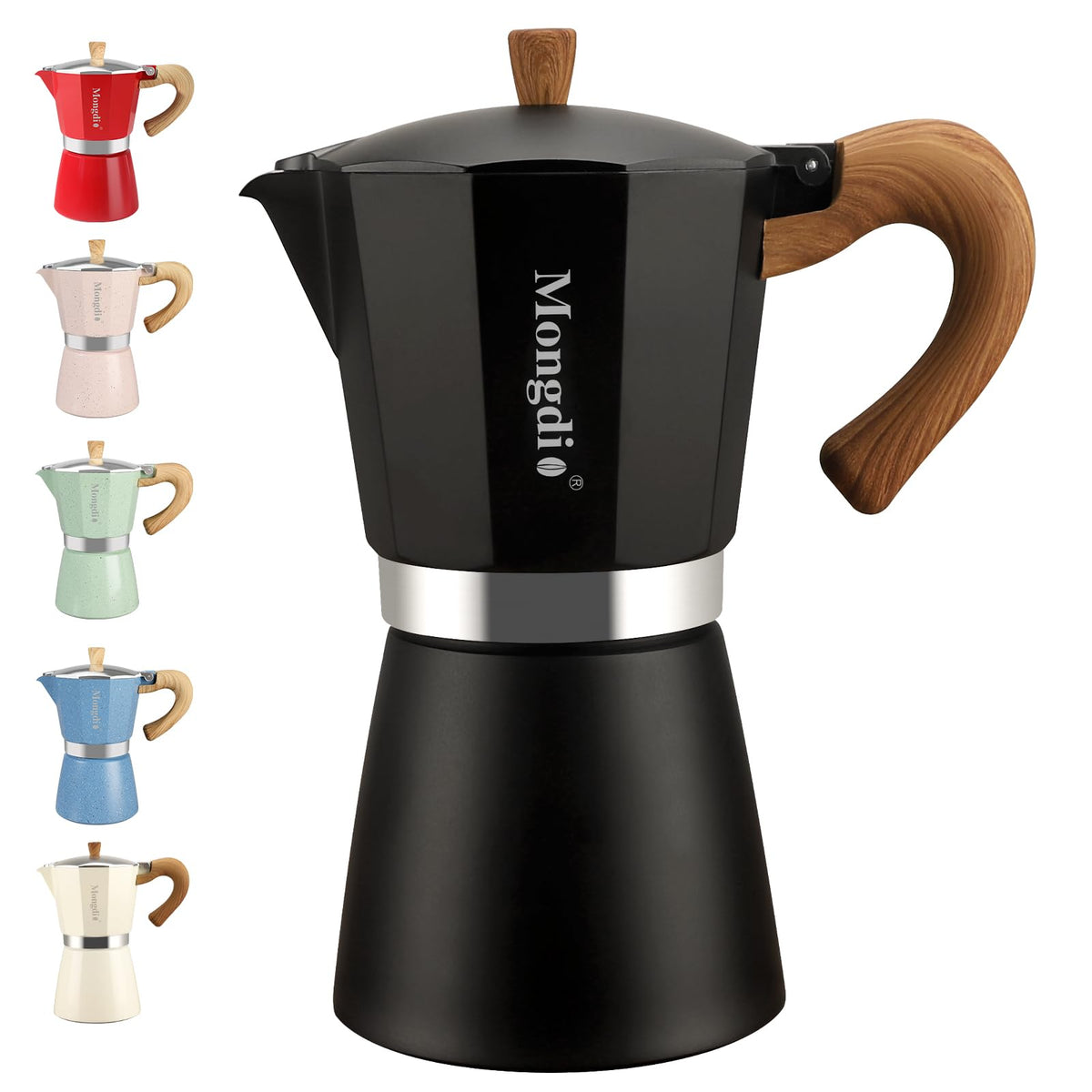 Mongdio Stovetop Espresso Maker Moka Pot, Cuban Coffee Maker Stove Top Coffee Maker Moka Italian Espresso Greca Coffee Maker Brewer Percolator, 6 Espresso Cups, 10 oz - Black