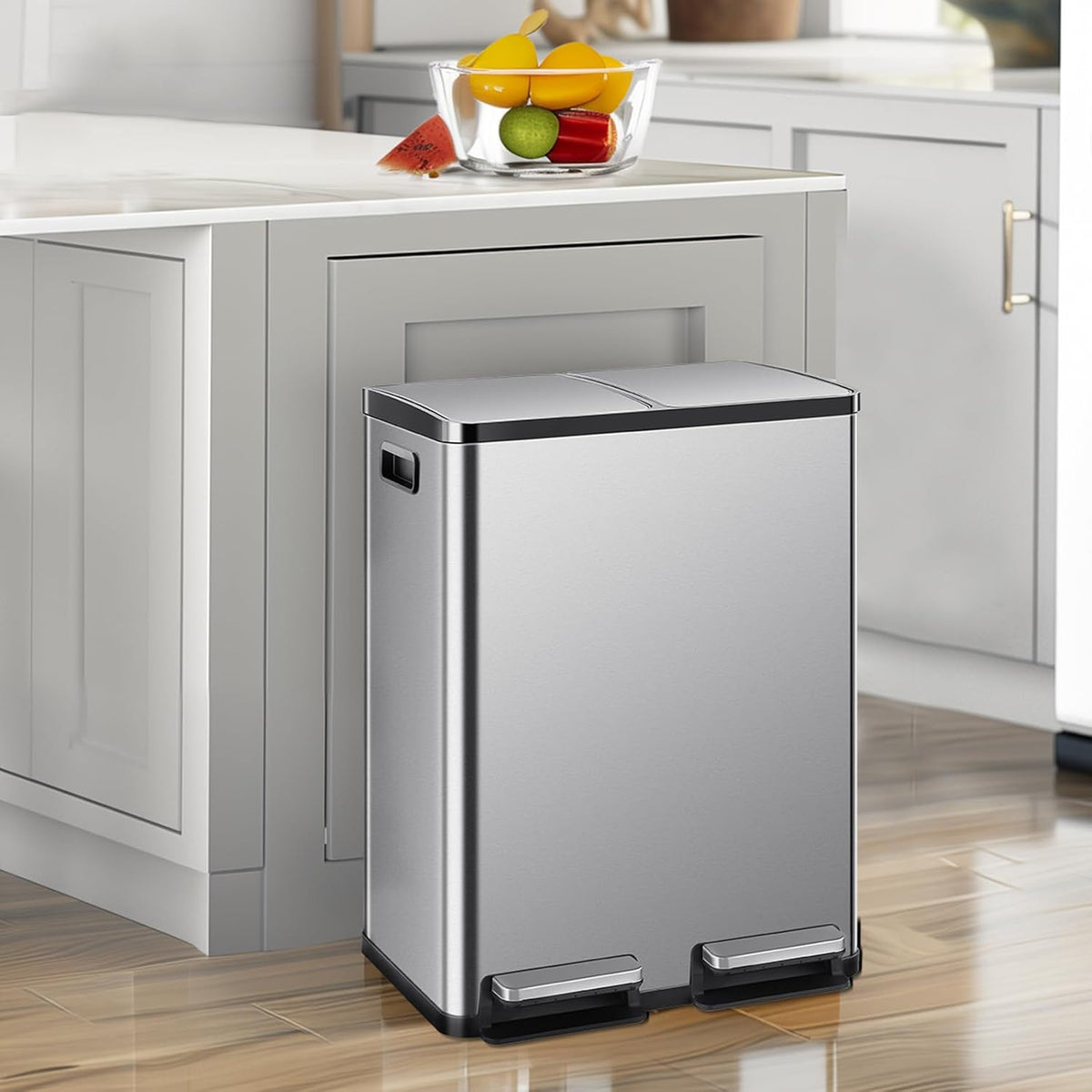 NEWBULIG 16 Gallon Dual Compartment Kitchen Trash Can, Stainless Steel, 60L