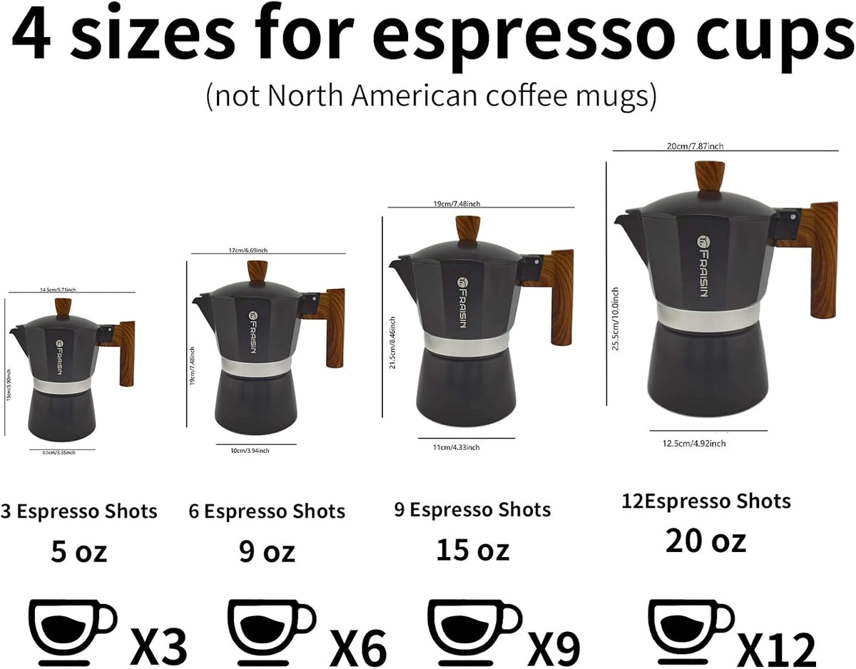 Stovetop Espresso Moka Pot Coffee Maker, Non-slip Wood Grain Handle, Cast Aluminum, Compatible with Gas, and Electric Stoves (Black, 12 cups)