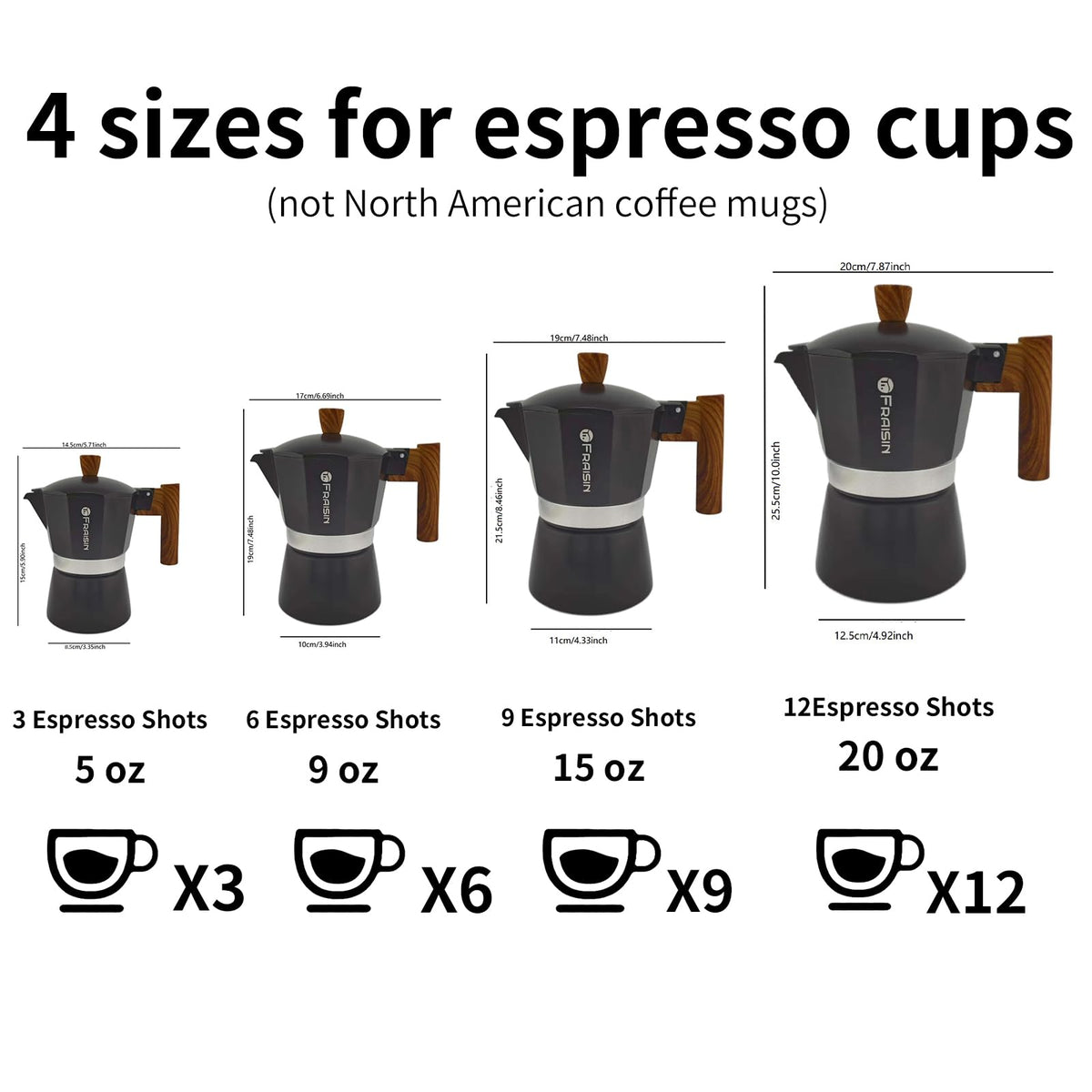 Stovetop Espresso Moka Pot Coffee Maker, Non-slip Wood Grain Handle, Cast Aluminum, Compatible with Gas, and Electric Stoves (Black, 12 cups)