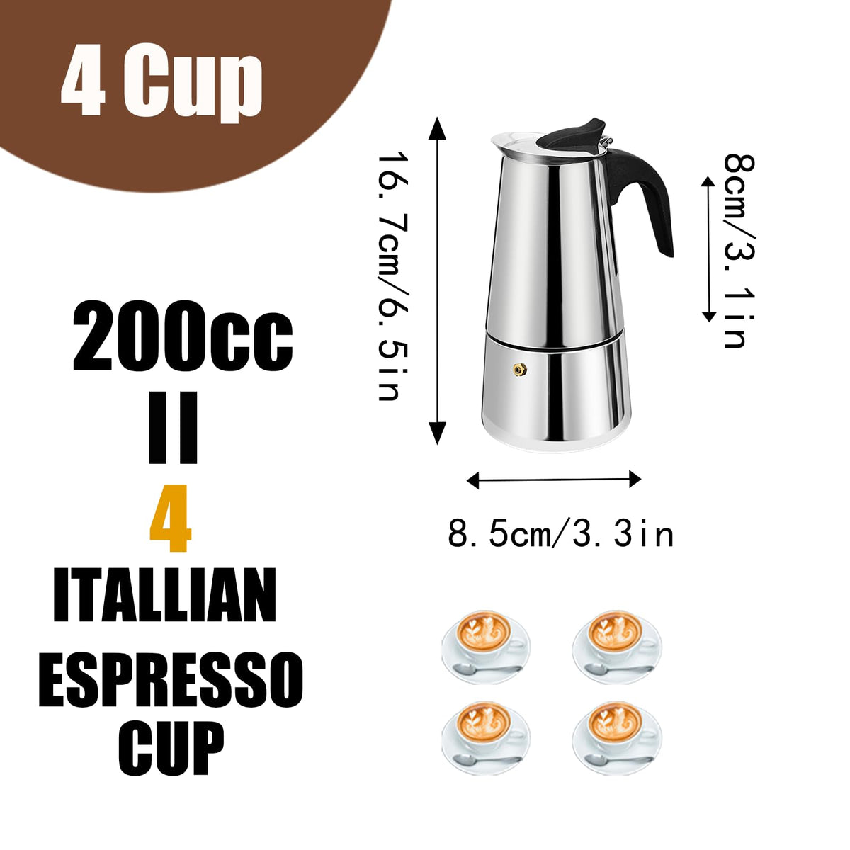 6 Cup Stovetop Espresso Maker Stainless Steel Moka Pot Stove Top Percolator Italian Coffee Makers Capable Mocha Greca Machine Cafe Classic Induction Cookers for Home and Camping 300ml 10oz