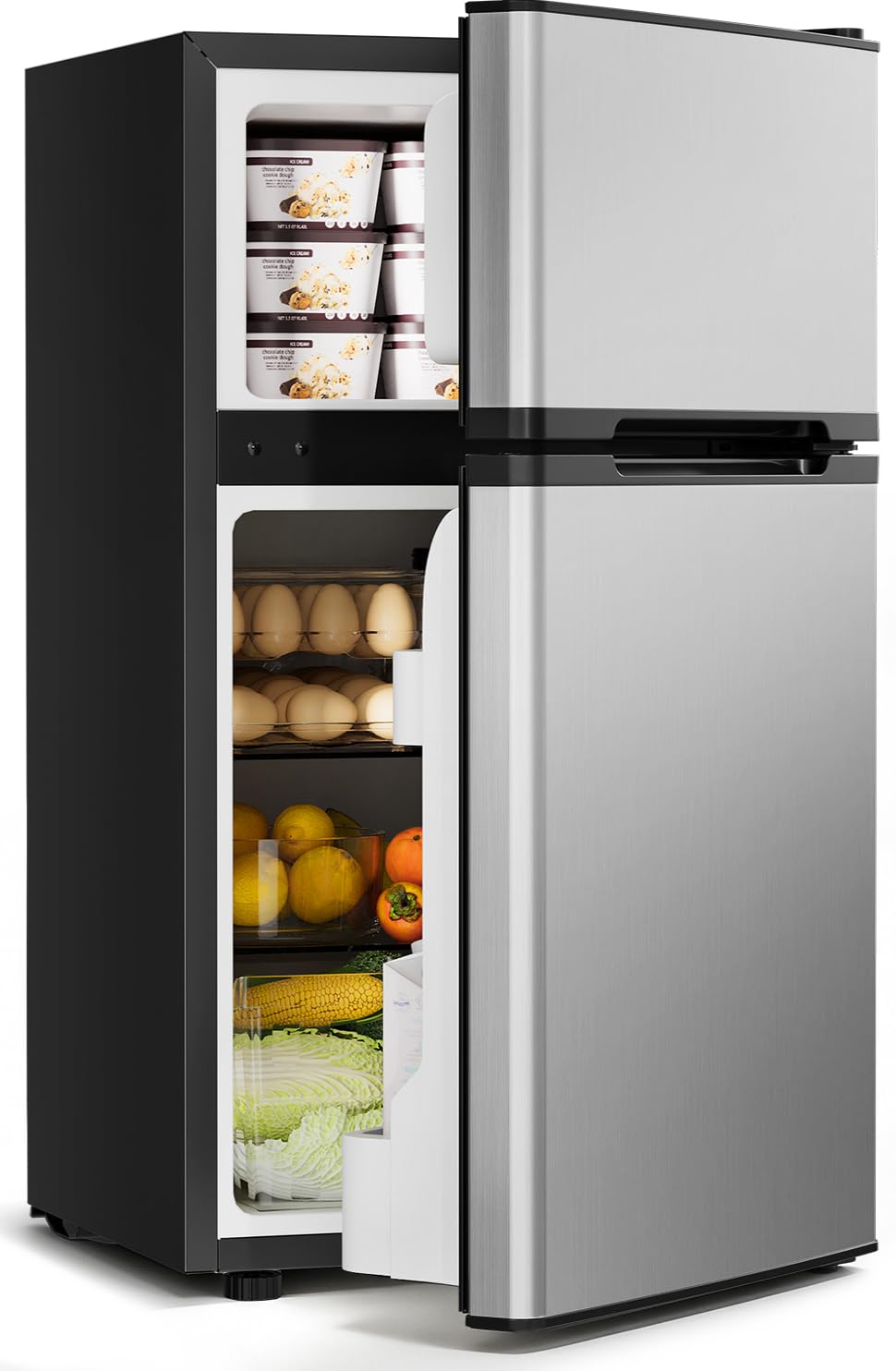 Feelfunn 2.5 Cu.Ft Mini Fridge with Freezer, 2 Door Dorm Fridge, Silver