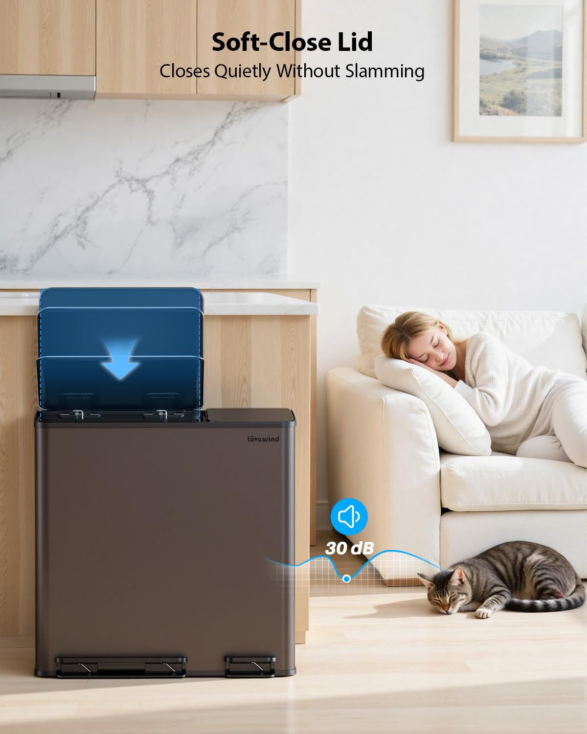 Lovewind Dual Trash and Recycling Bins for Kitchen, 2 * 11-Gallon Stainless Steel Double Trash Can, Step-On Garbage and Recycle Combo, Quiet Close, Pet-Proof, Compatible with 13-Gallon Bags, White