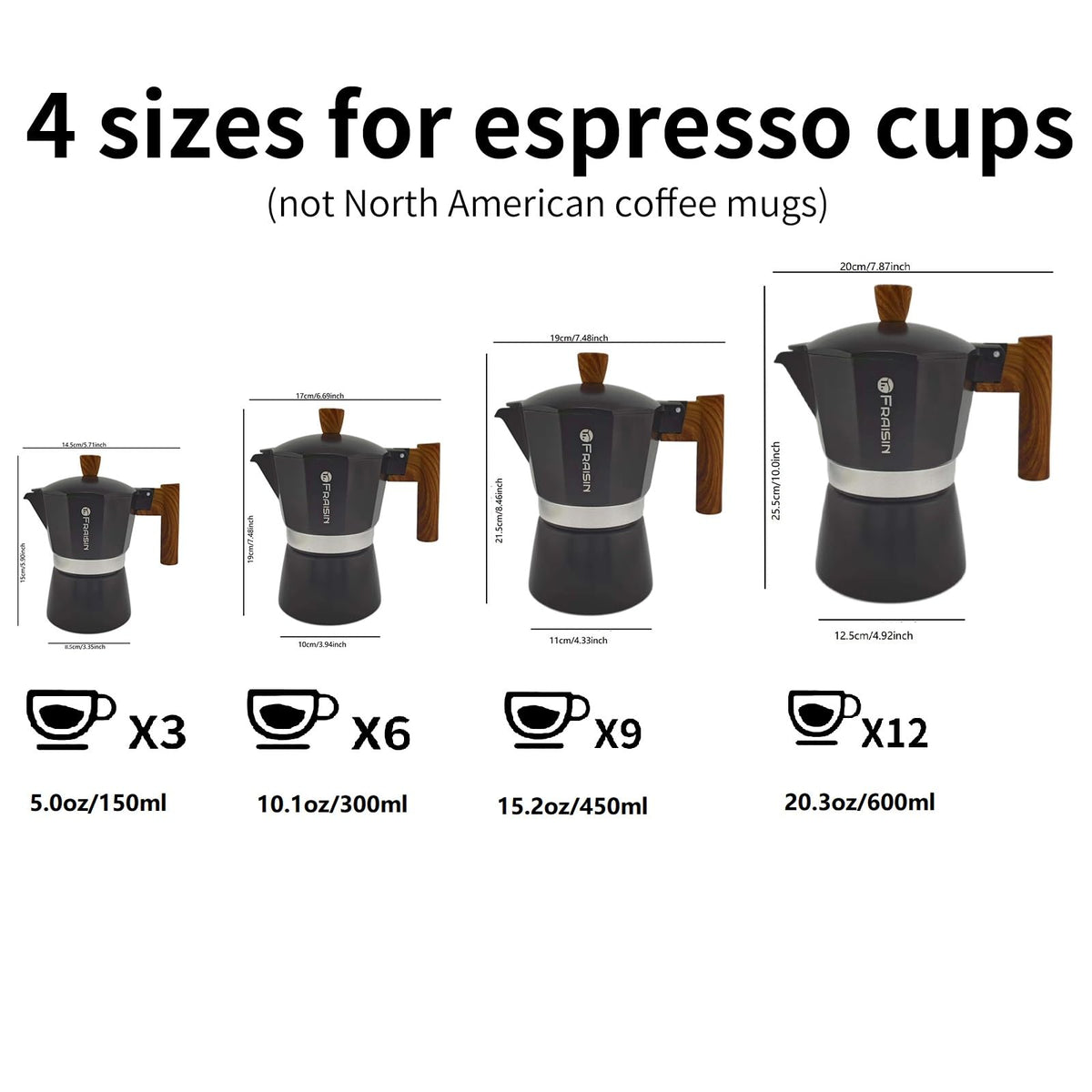 Stovetop Espresso Moka Pot Coffee Maker, Non-slip Wood Grain Handle, Cast Aluminum, Compatible with Gas, and Electric Stoves (Black, 12 cups)