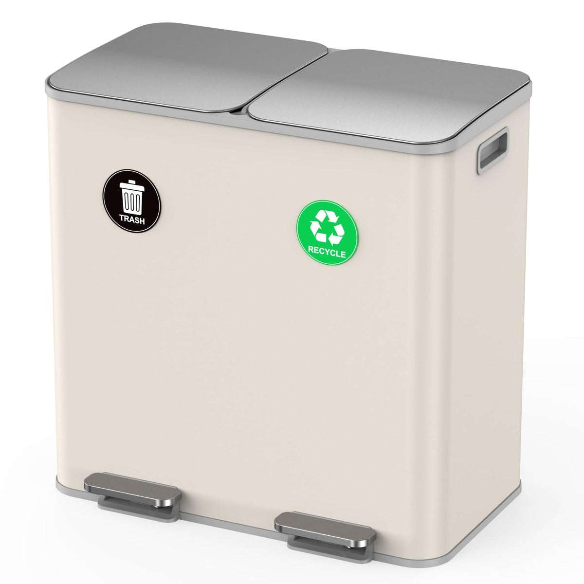 Lovewind Dual Trash and Recycling Bins for Kitchen, 2 * 11-Gallon Stainless Steel Double Trash Can, Step-On Garbage and Recycle Combo, Quiet Close, Pet-Proof, Compatible with 13-Gallon Bags, White