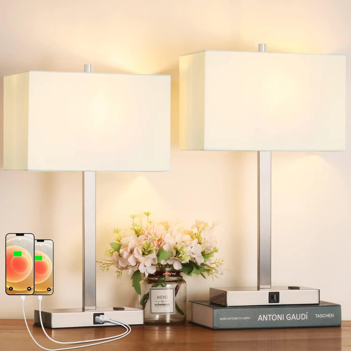 Lynnoland Set of 2 Touch Control Table Lamps with 2 USB & AC Outlet, 3-Way Dimmable Bedside Nightstand Lamps for Bedroom Living Room Nursery, 800 Lumens 5000K Daylight Bulbs Included