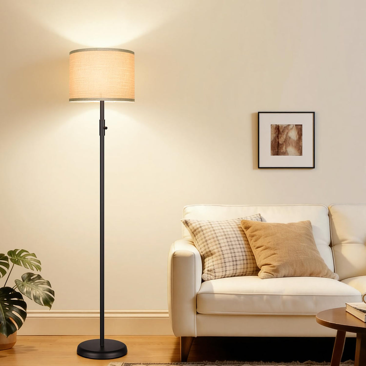 【Upgraded】 Dimmable Floor Lamp for Living Room,1000 Lumens Bulb Included, Modern Floor Lamps Simple Design with Linen Shade, Tall Standing Lamp for Bedroom Office Dining Room, Black Pole Lamp