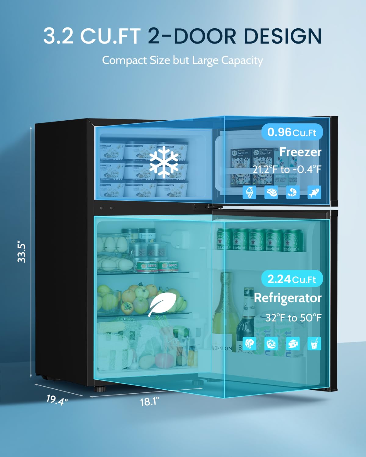 Feelfunn 2.5 Cu.Ft Mini Fridge with Freezer, 2 Door Dorm Fridge, Silver