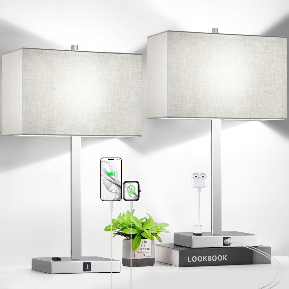 Lynnoland Set of 2 Touch Control Table Lamps with 2 USB & AC Outlet, 3-Way Dimmable Bedside Nightstand Lamps for Bedroom Living Room Nursery, 800 Lumens 5000K Daylight Bulbs Included