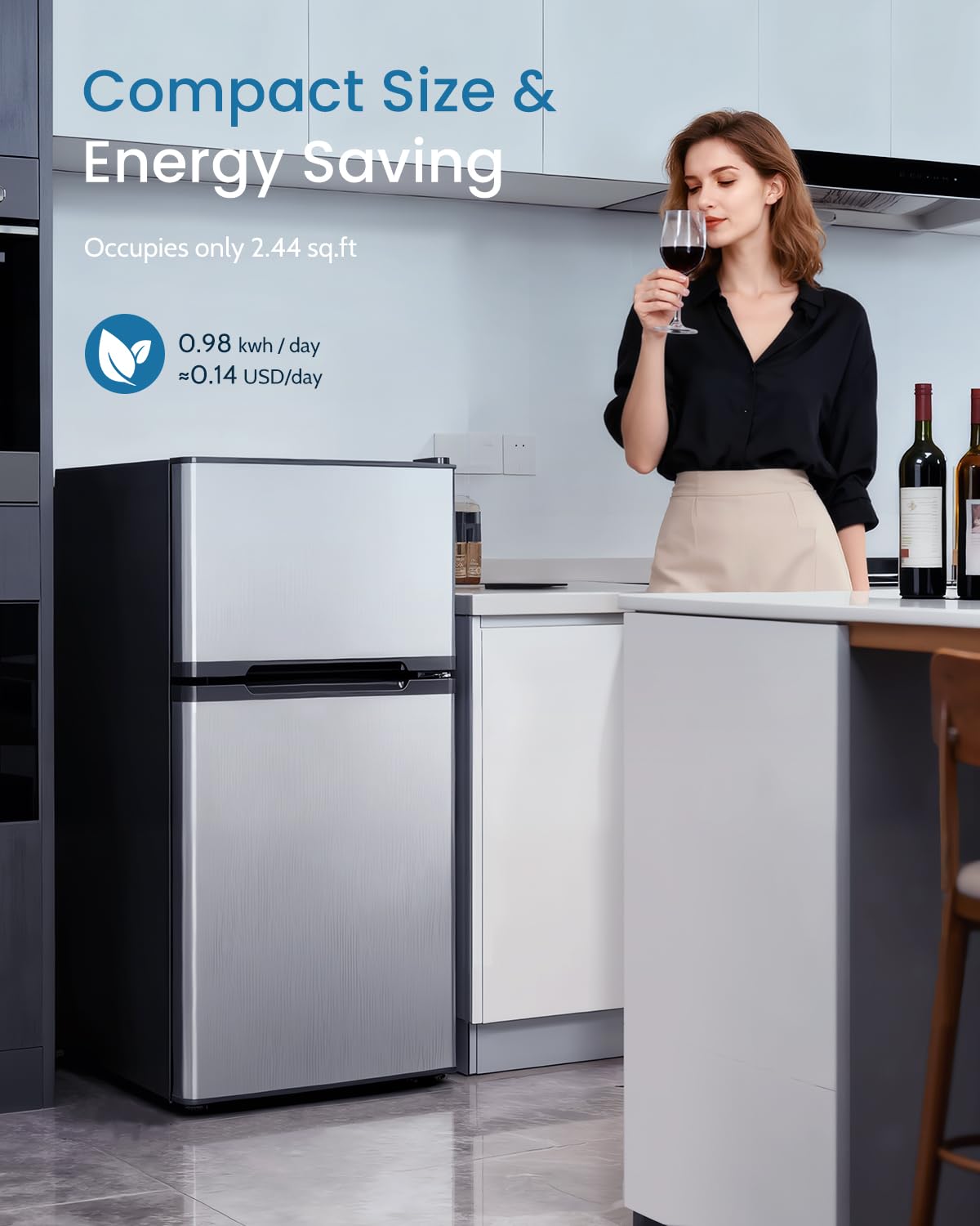 Feelfunn 2.5 Cu.Ft Mini Fridge with Freezer, 2 Door Dorm Fridge, Silver