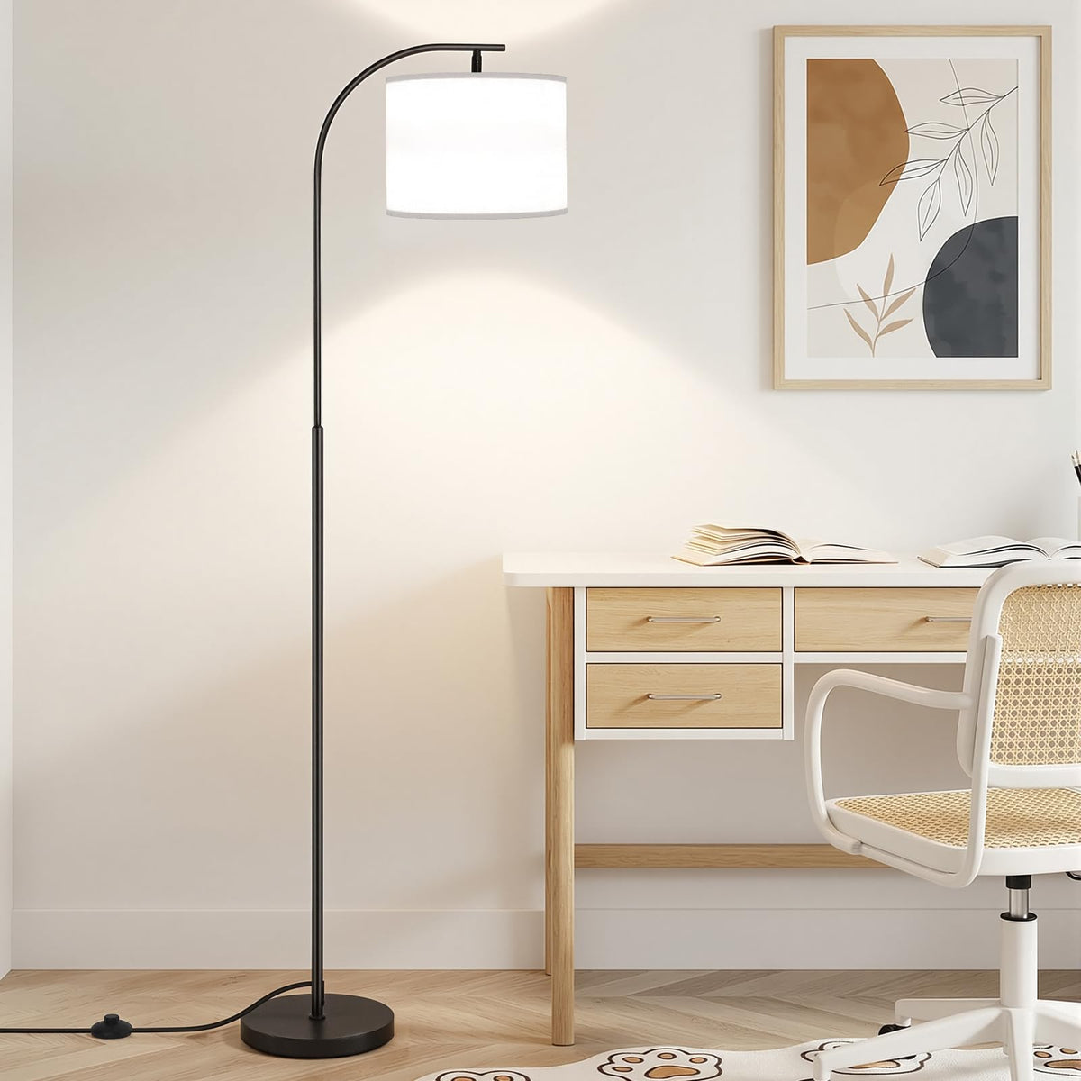 SIBRILLE Floor Lamp with Linen Shade, Arc Dimmable Tall Standing Lamp with Remote Control, Modern Floor Reading Light for Living Room Bedroom Office Corner, 9W LED Bulb Included