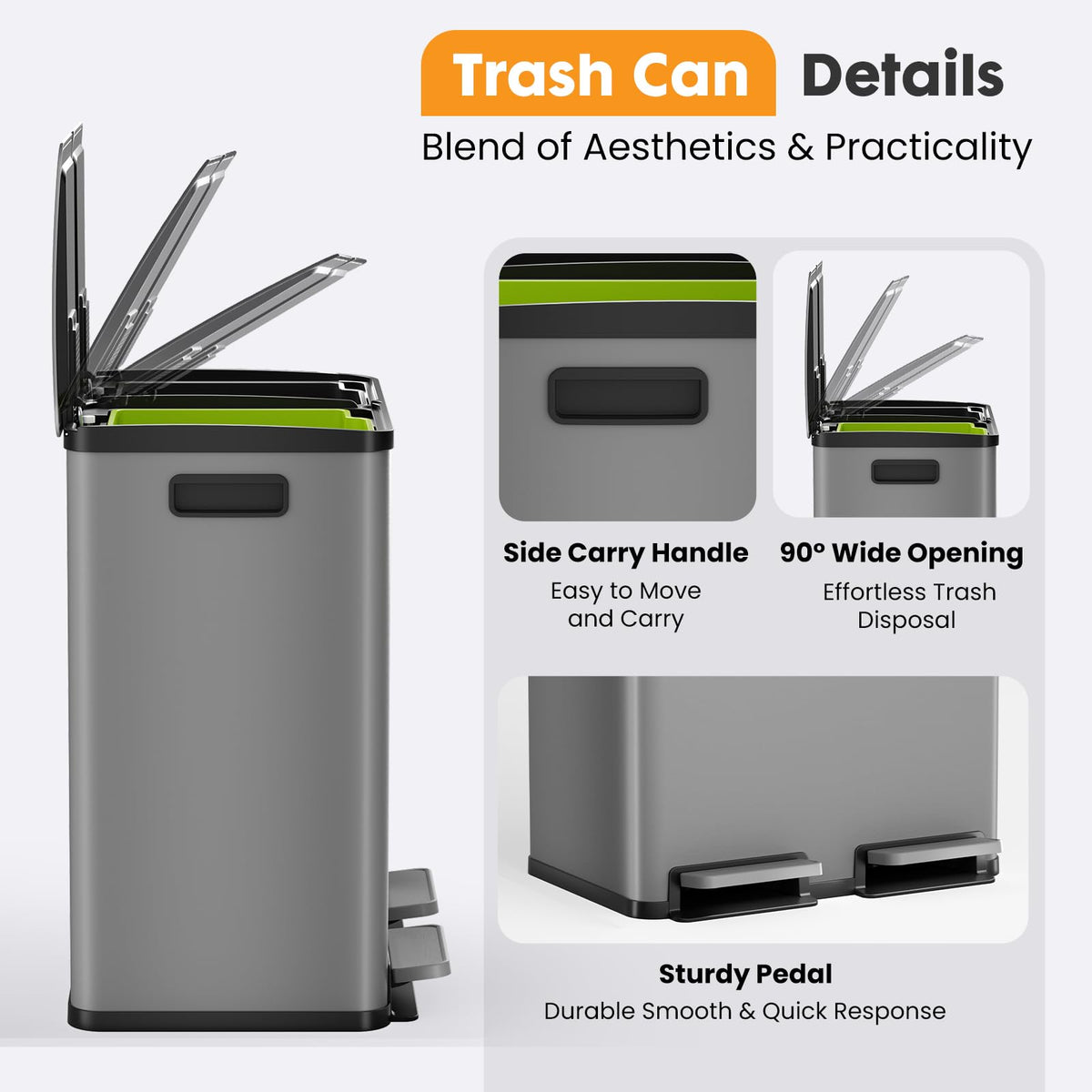NEWBULIG 16 Gallon Dual Compartment Kitchen Trash Can, Stainless Steel, 60L