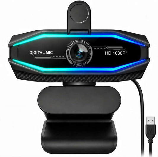 1080P Webcam for PC,90°FOV Web Camera with RGB Light Auto Light Correction