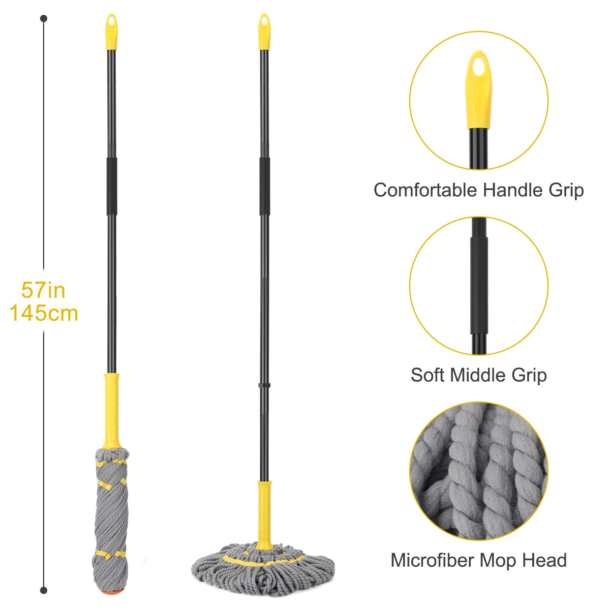 Self-Wringing Twist Mops for Floor Cleaning, Microfiber Floor mop with 57 " Long Handle, Easy Wringing Mop for Hardwood Commercial Household Clean